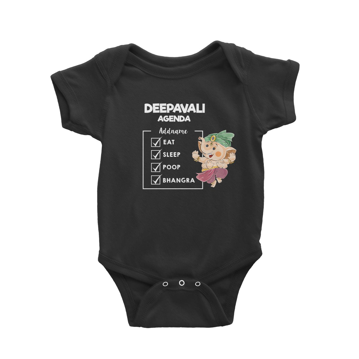 Cute Ganesha Dancing Bhangra Addname Deepavali Agenda Baby Romper