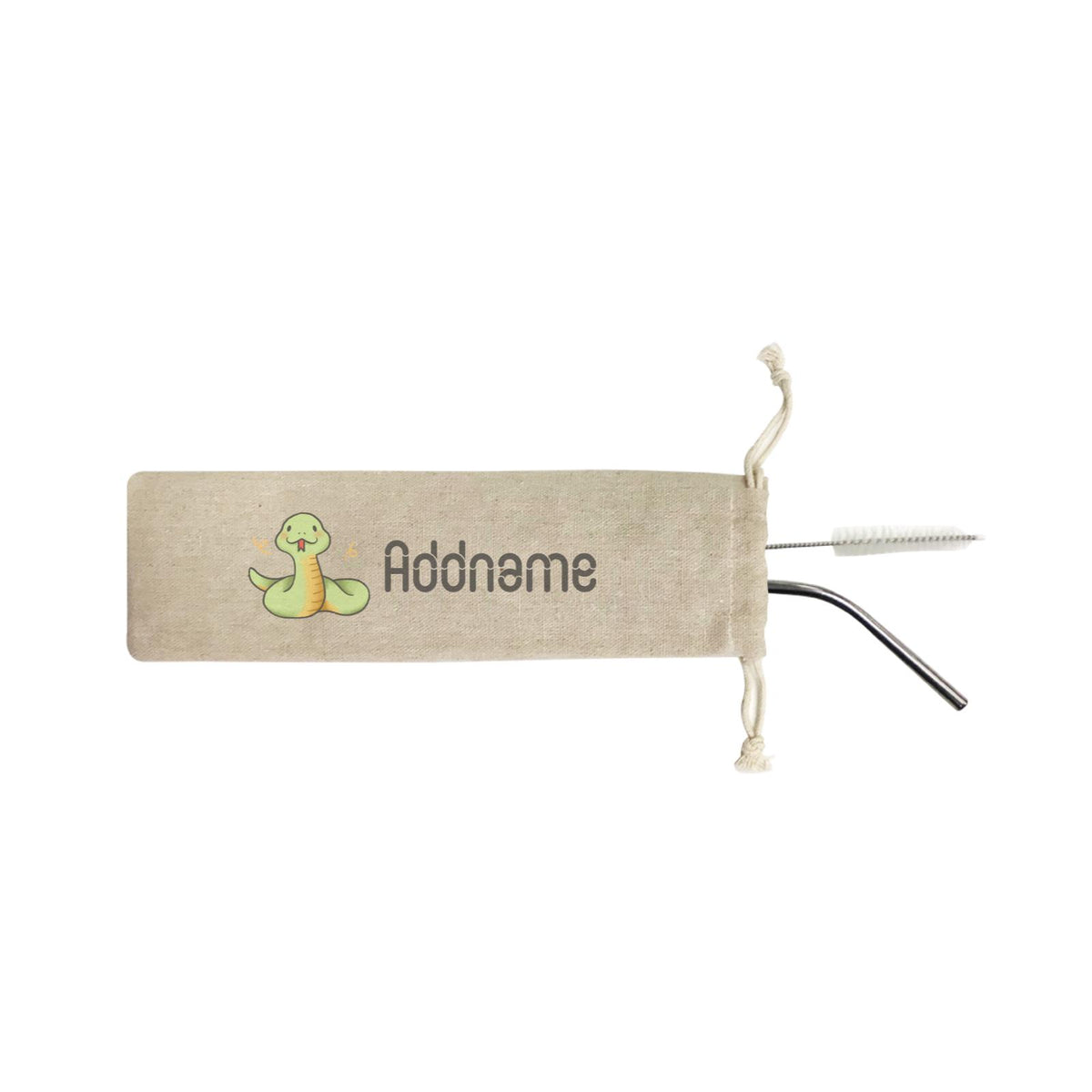 Cute Hand Drawn Style Snake Addname ST SZP 2-in-1 Stainless Steel Straw Set In a Satchel