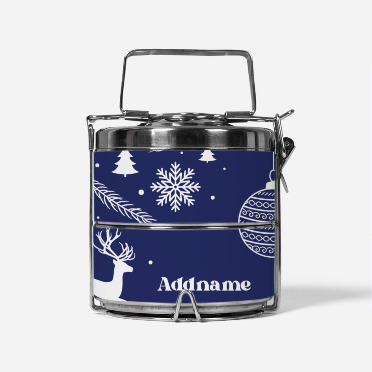 Christmas Series Premium Two Tier Tiffin Carrier - Jubilant Reindeers Blue