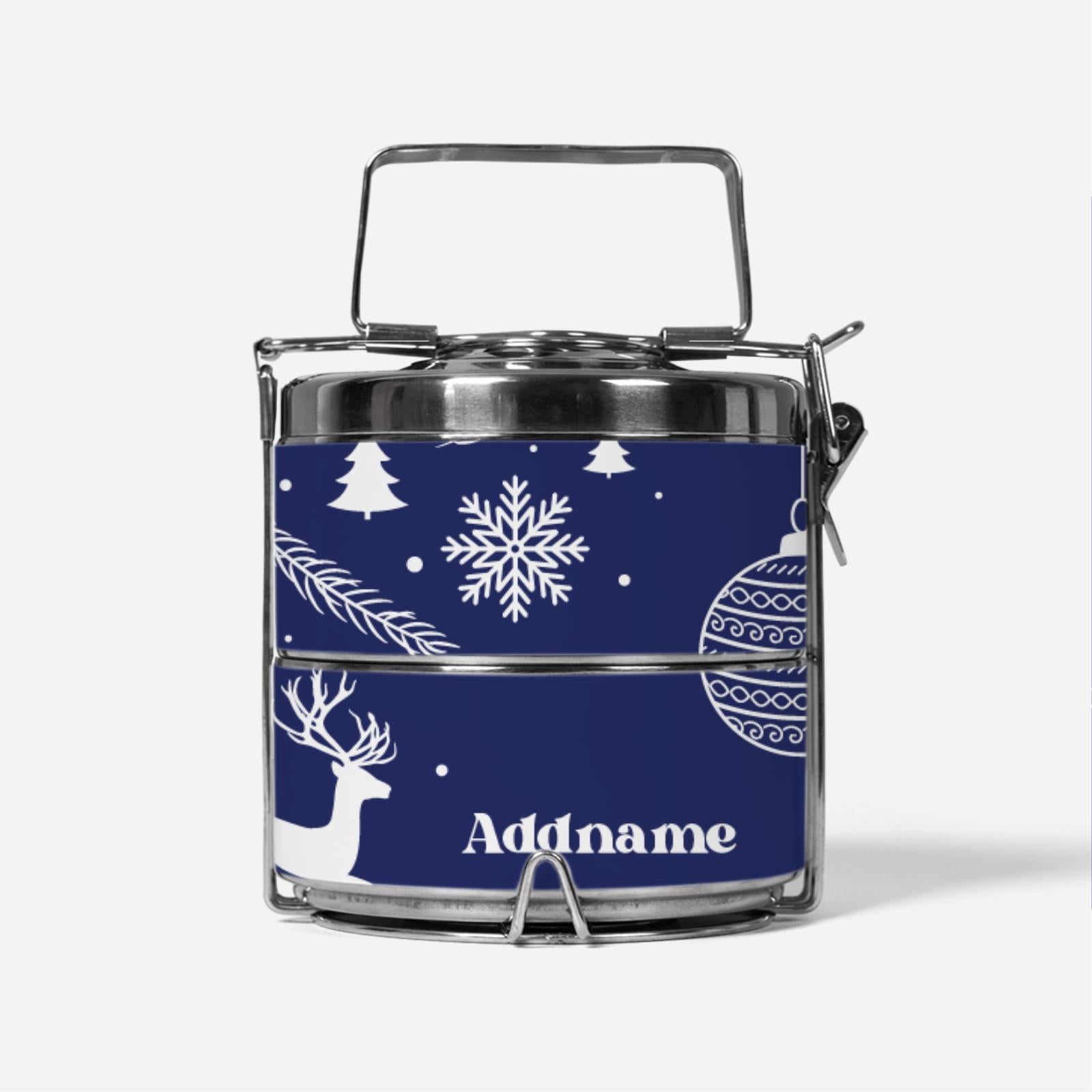 Christmas Series Premium Two Tier Tiffin Carrier - Jubilant Reindeers Blue