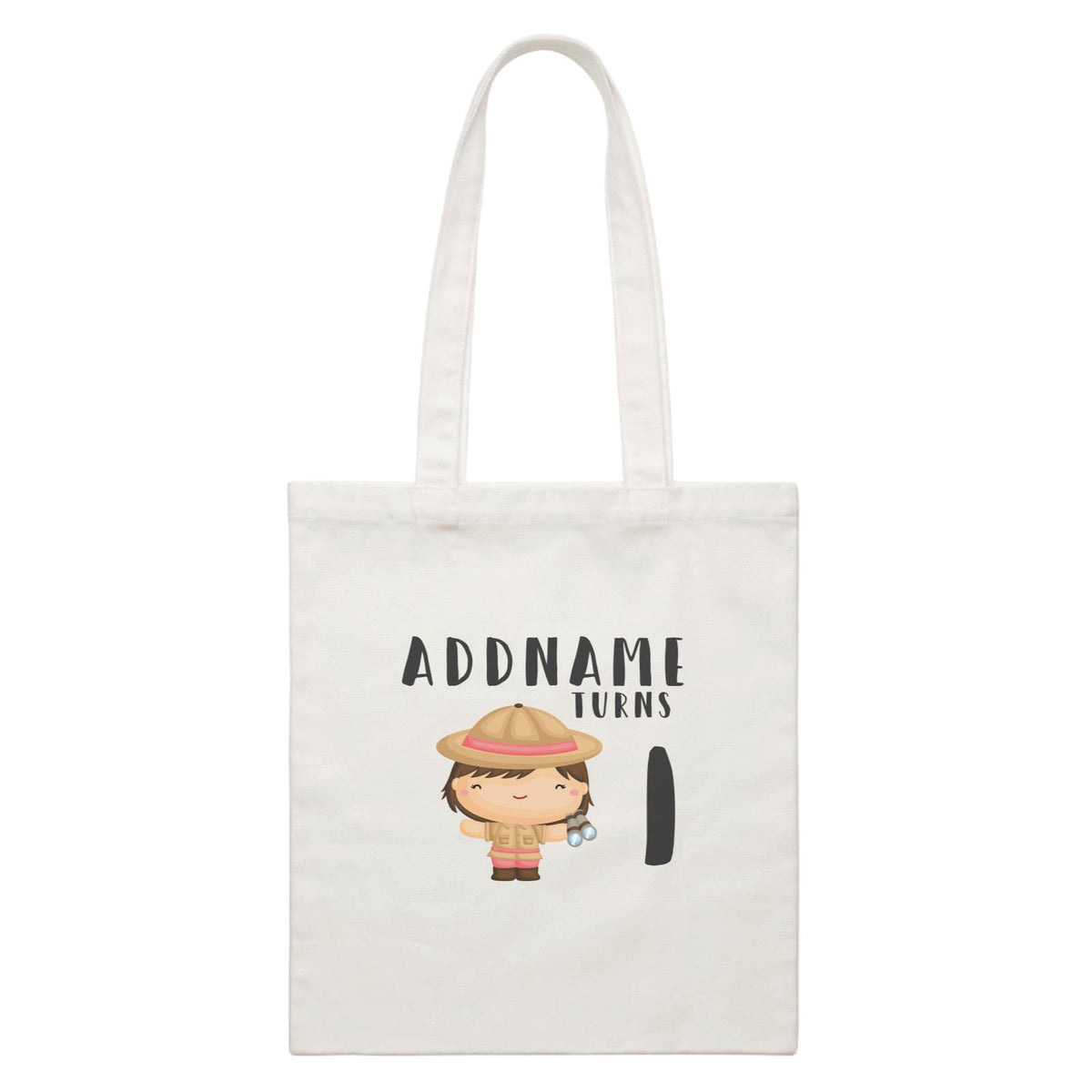Birthday Safari Little Explorer Baby Girl Addname Turns 1 White Canvas Bag