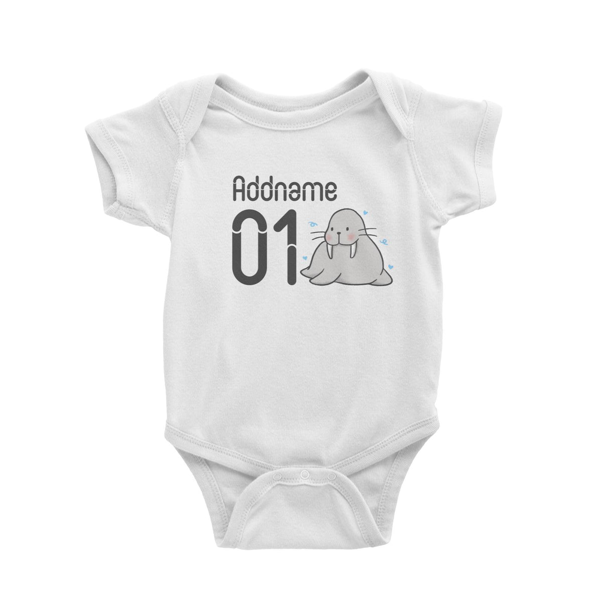 Name and Number Cute Hand Drawn Style Walrus Baby Romper