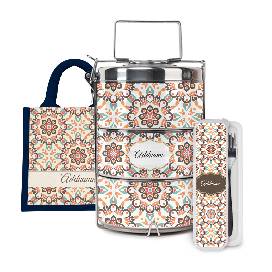 Moroccan Series - Arabesque Geo Brown Half Lining Lunch Bag, Tiffin Carrier and Cutlery Set
