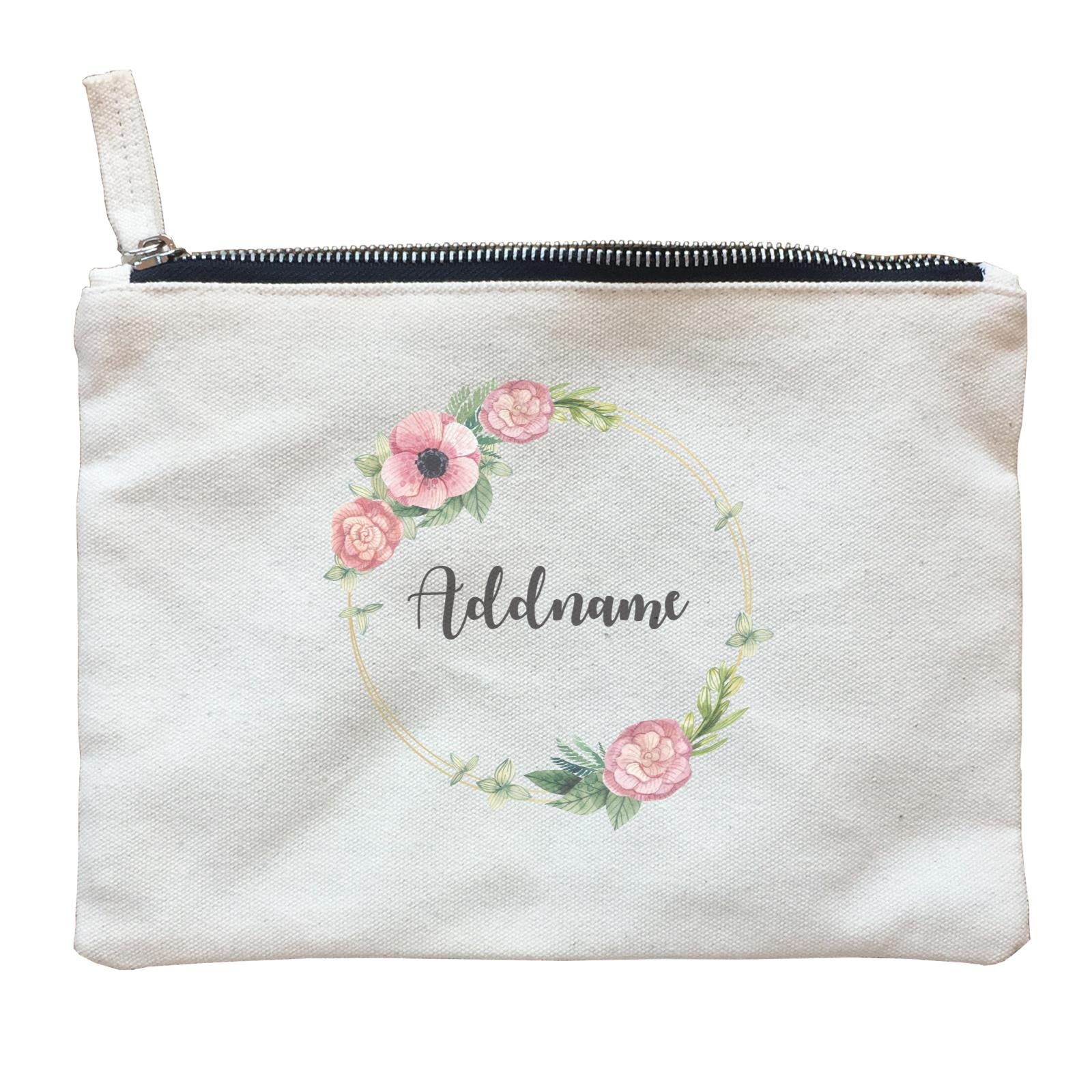 Floral Sweet Pink Flower Wreath With Circle Addname Zipper Pouch