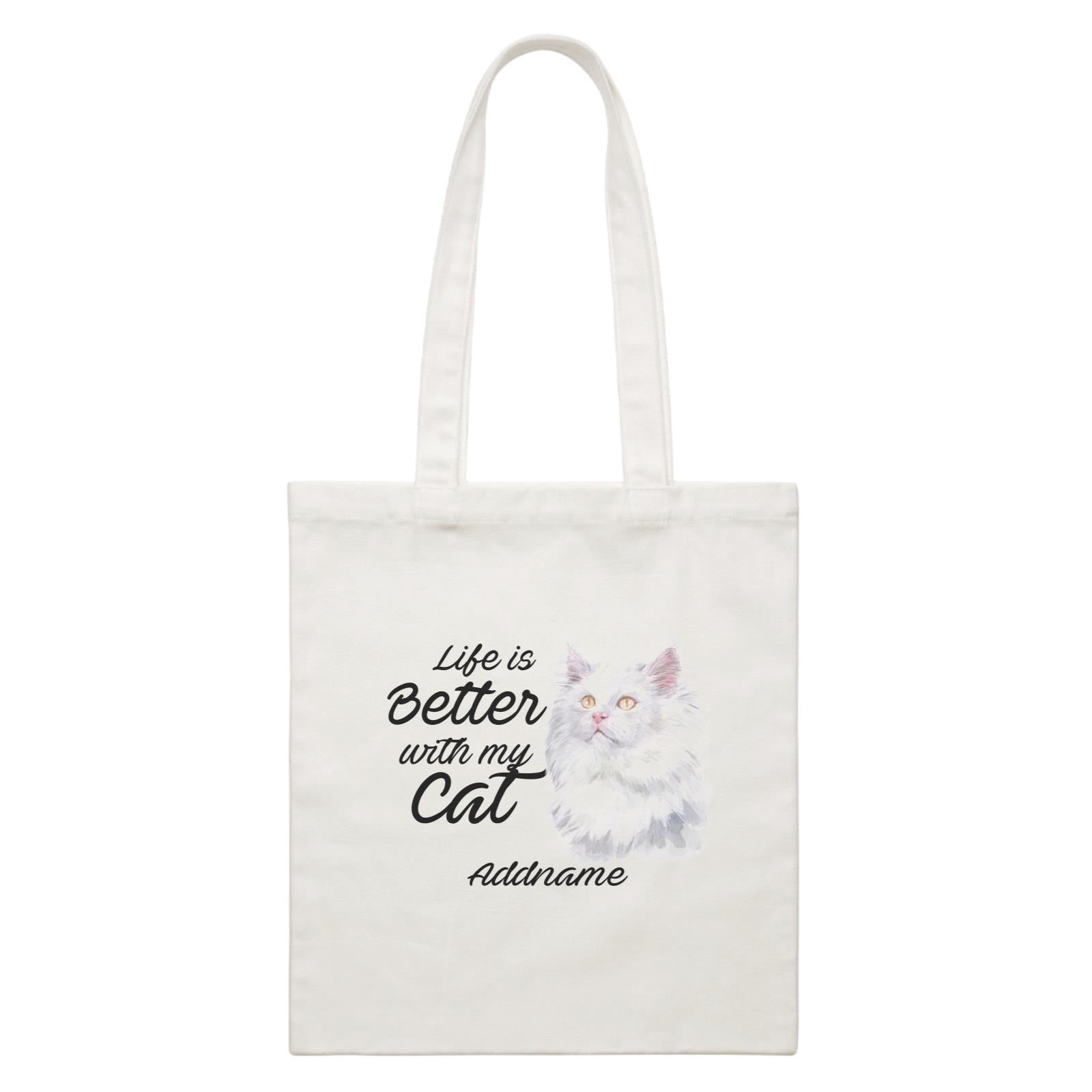 Watercolor Life is Better With My Cat Deutsch Langhaar Katzen Addname White Canvas Bag