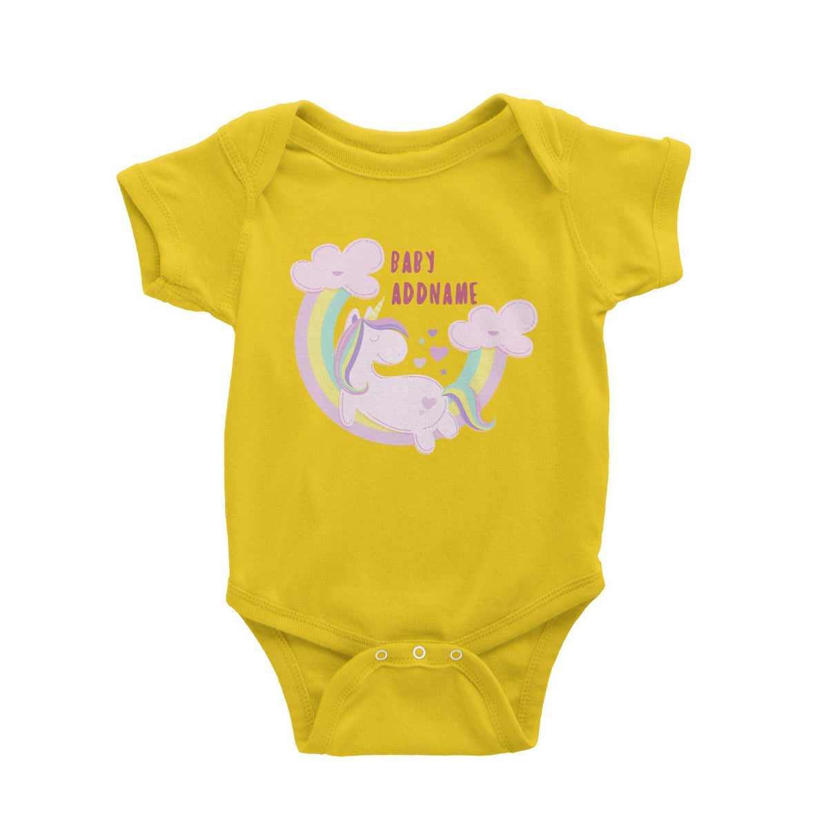 Pink Unicorn On Rainbow with Baby Addname Baby Romper