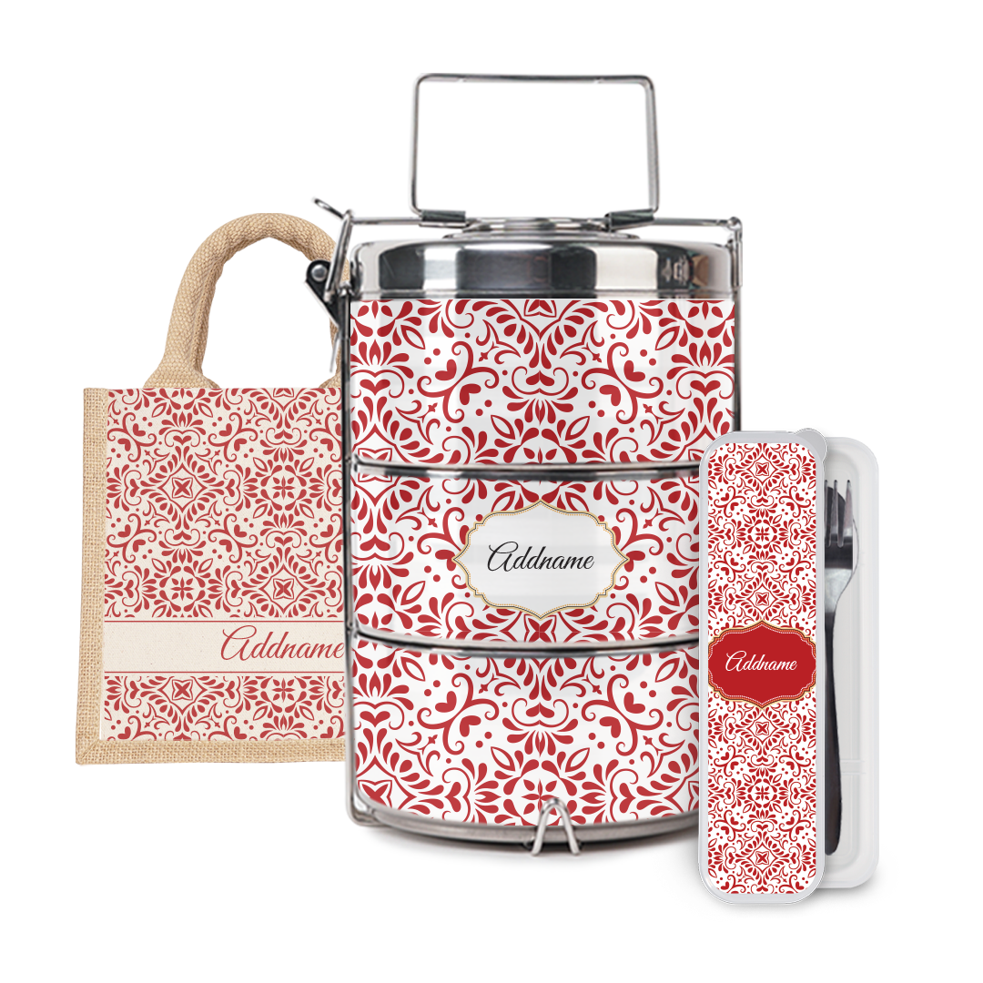 Moroccan Series - Arabesque Rosette Half Lining Lunch Bag, Tiffin Carrier and Cutlery Set