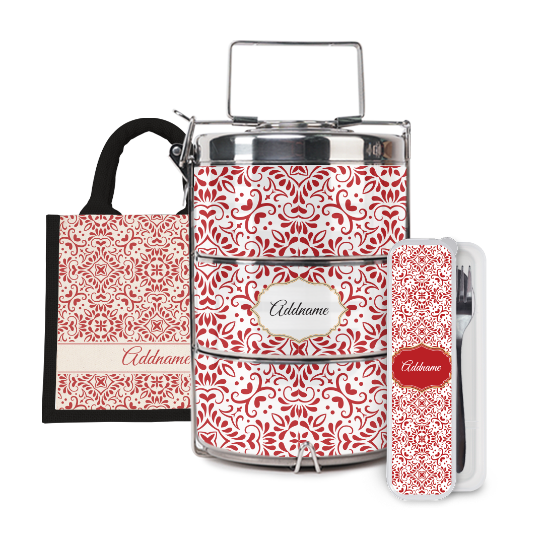 Moroccan Series - Arabesque Rosette Half Lining Lunch Bag, Tiffin Carrier and Cutlery Set