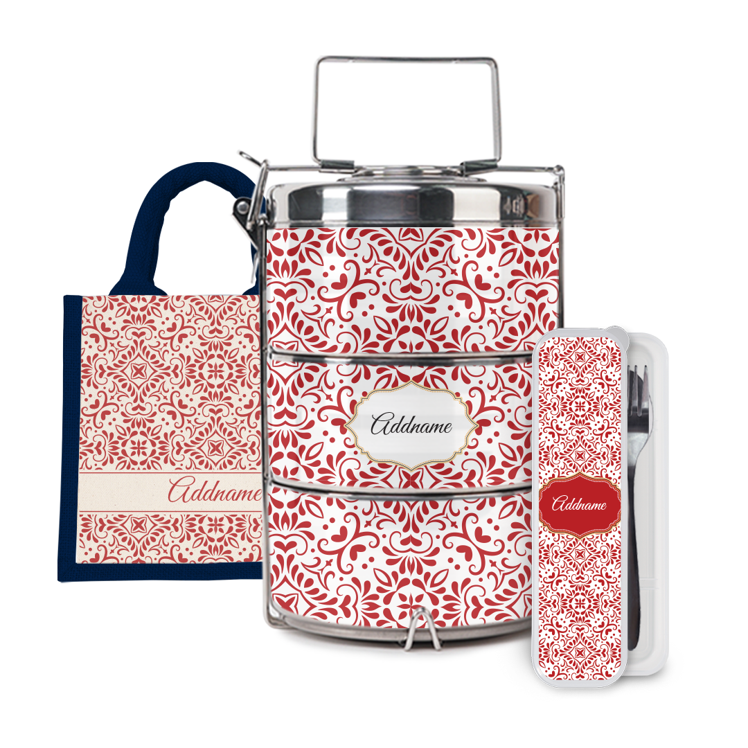 Moroccan Series - Arabesque Rosette Half Lining Lunch Bag, Tiffin Carrier and Cutlery Set