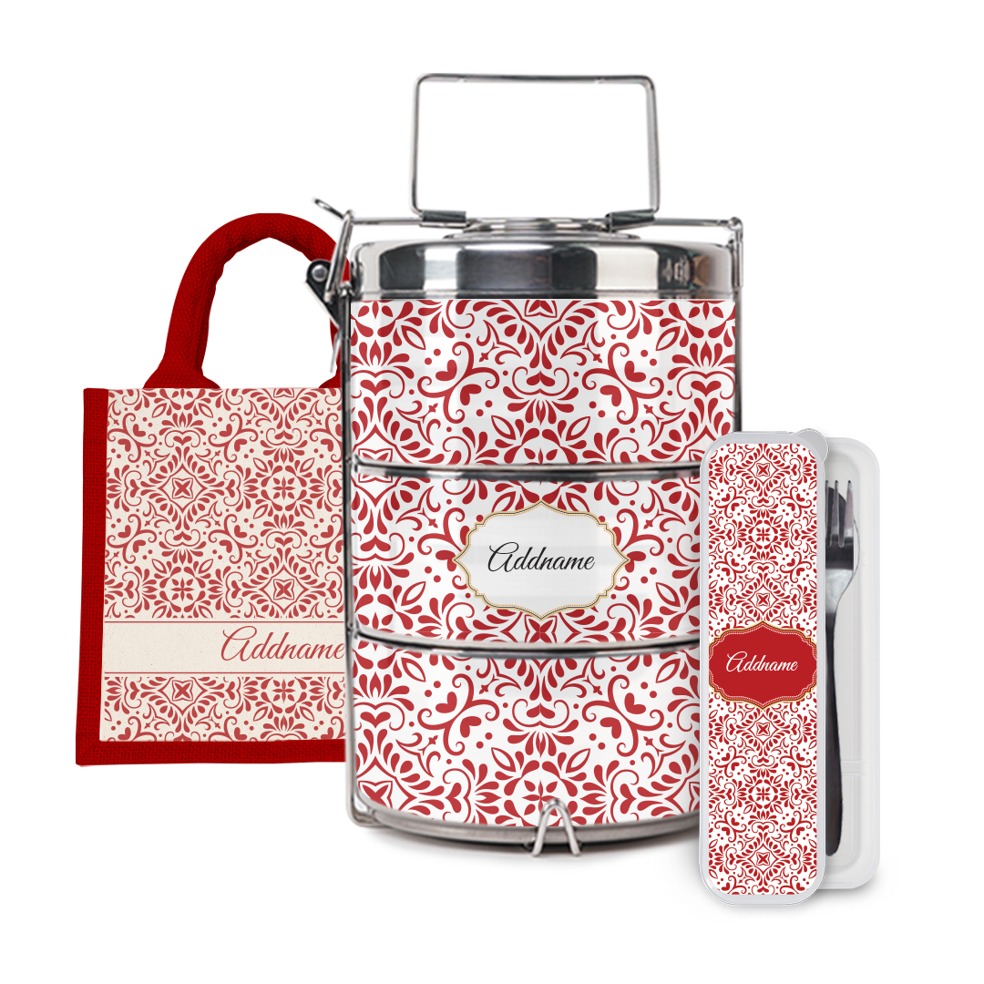 Moroccan Series - Arabesque Rosette Half Lining Lunch Bag, Tiffin Carrier and Cutlery Set