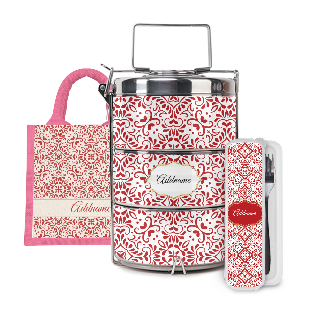 Moroccan Series - Arabesque Rosette Half Lining Lunch Bag, Tiffin Carrier and Cutlery Set