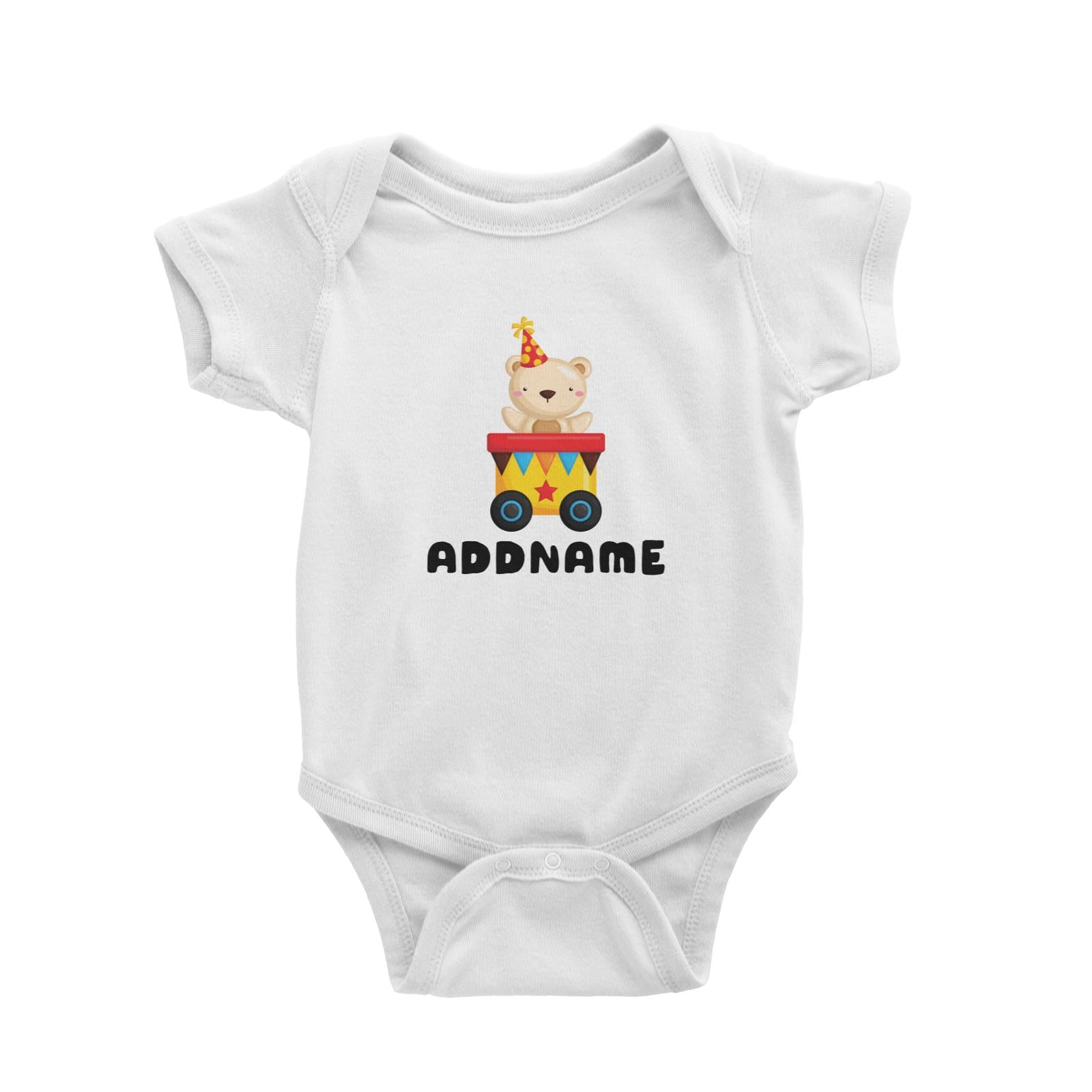 Birthday Fun Train Bear Wearing Party Hat Addname Baby Romper