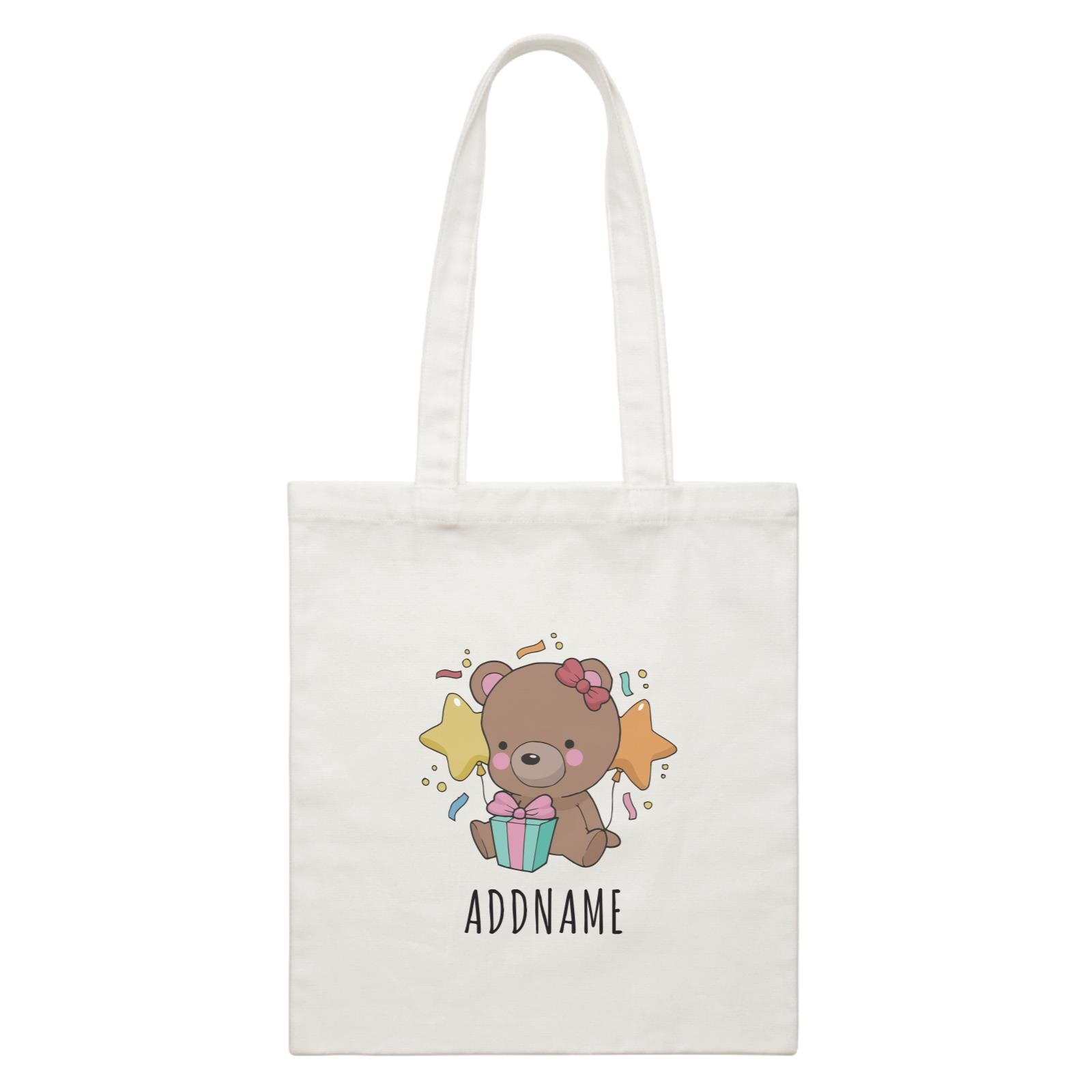 Birthday Sketch Animals Bear with Present Addname White Canvas Bag