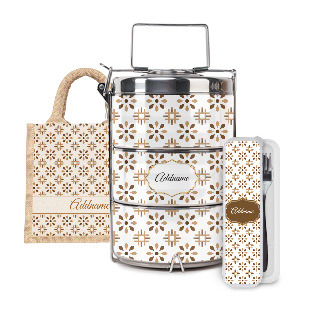 Moroccan Series - Arabesque Tawny Brown Half Lining Lunch Bag, Tiffin Carrier and Cutlery Set