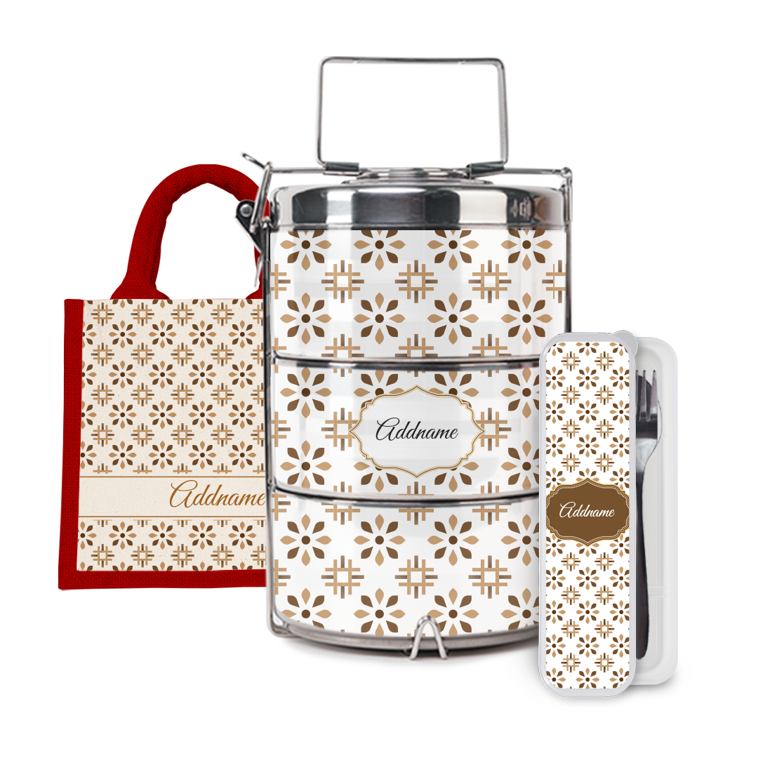 Moroccan Series - Arabesque Tawny Brown Half Lining Lunch Bag, Tiffin Carrier and Cutlery Set
