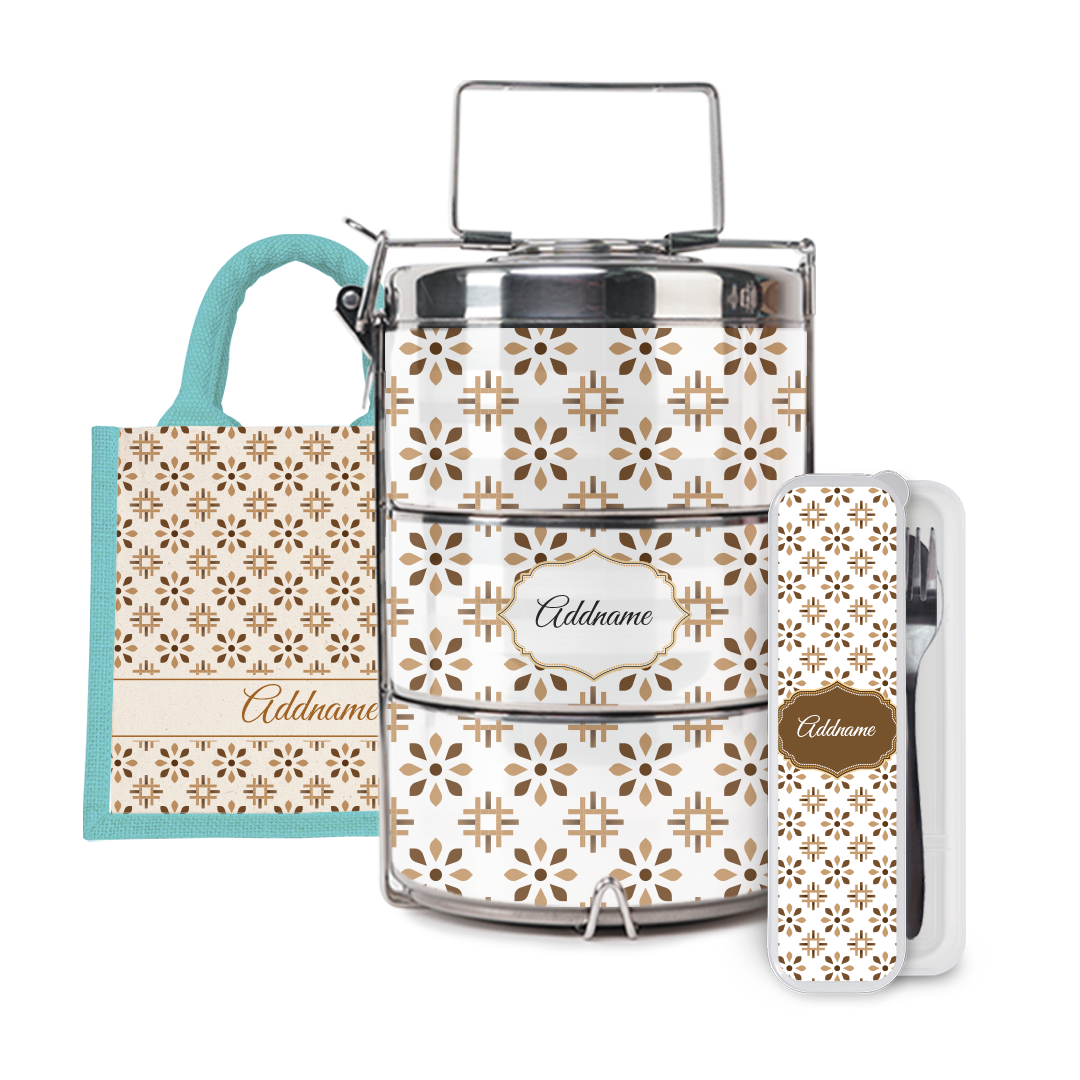 Moroccan Series - Arabesque Tawny Brown Half Lining Lunch Bag, Tiffin Carrier and Cutlery Set