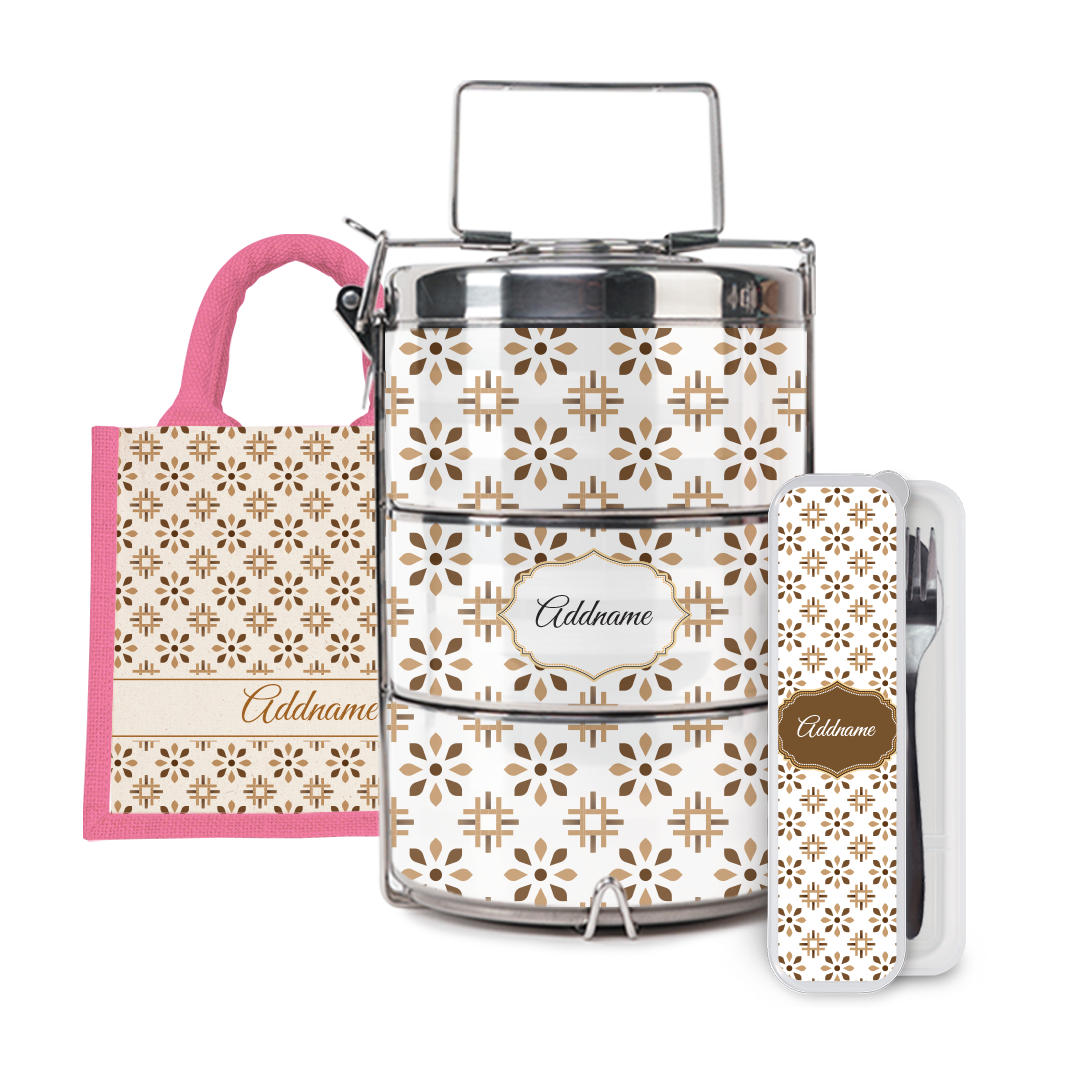 Moroccan Series - Arabesque Tawny Brown Half Lining Lunch Bag, Tiffin Carrier and Cutlery Set