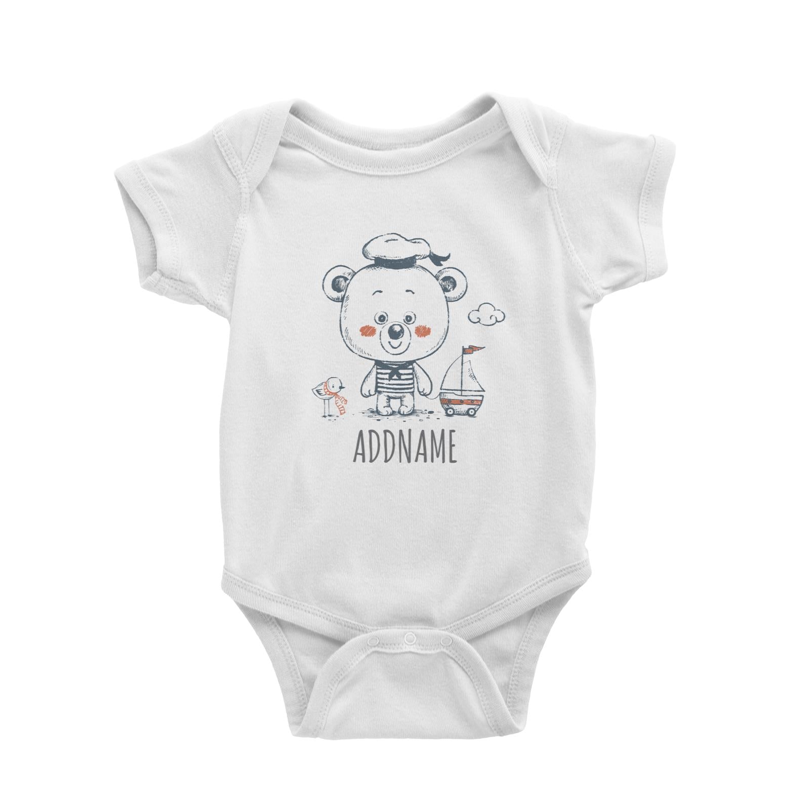 Sailor Bear with Toy Boat White Baby Romper Personalizable Designs Cute Sweet Animal For Boys HG