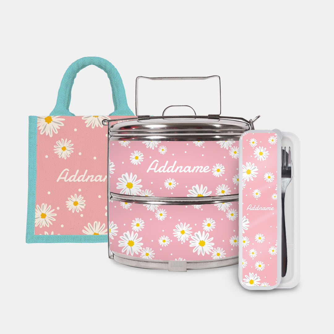 Daisy Series Half Lining Lunch Bag, Standard Two Tier Tiffin Carrier And Cutlery Set - Blush Light Blue