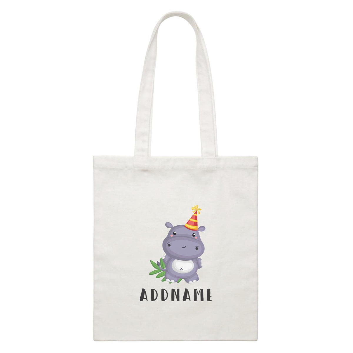 Birthday Safari Hippo Wearing Party Hat Addname White Canvas Bag