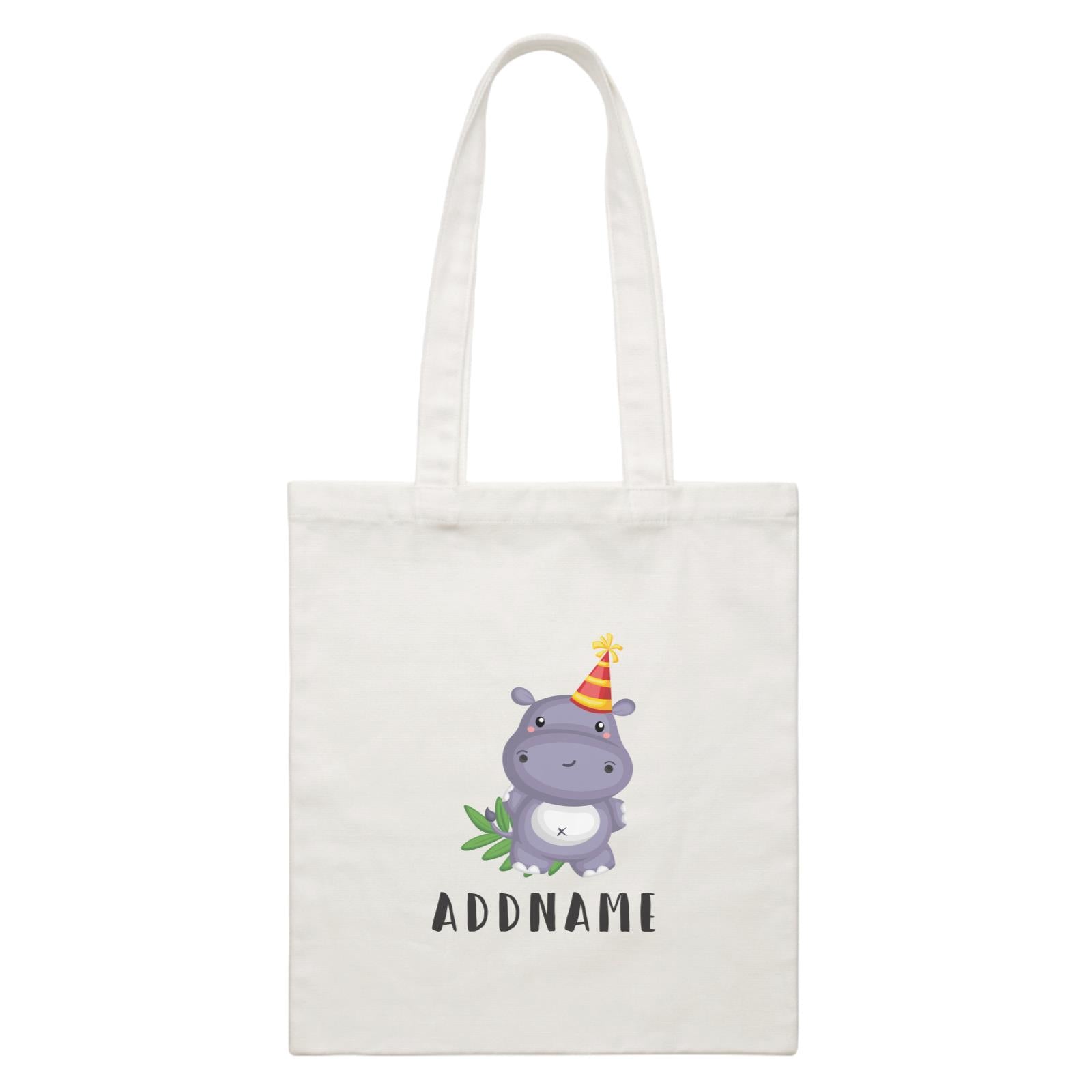 Birthday Safari Hippo Wearing Party Hat Addname White Canvas Bag
