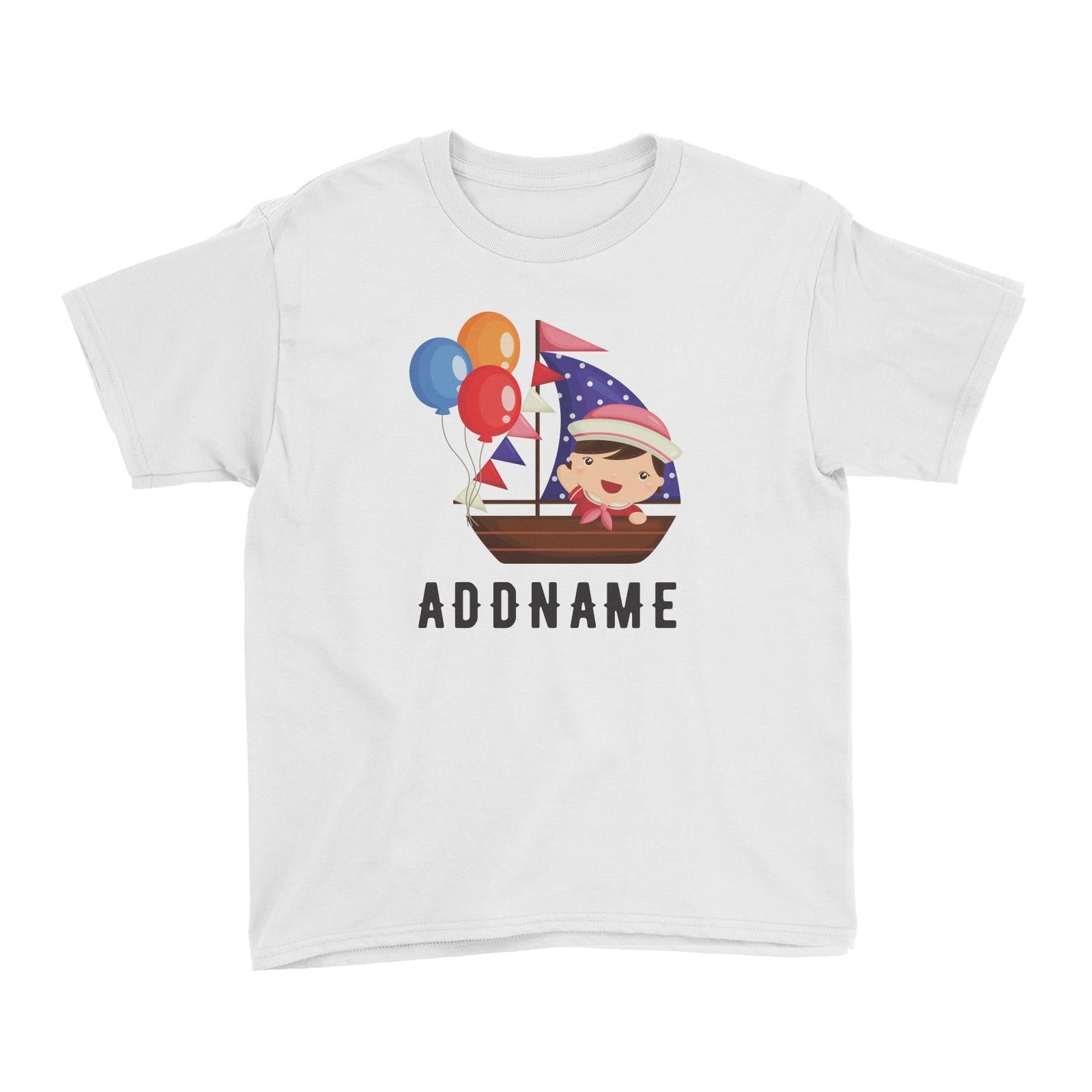 Birthday Sailor Baby Girl In Ship With Balloon Addname Kid's T-Shirt