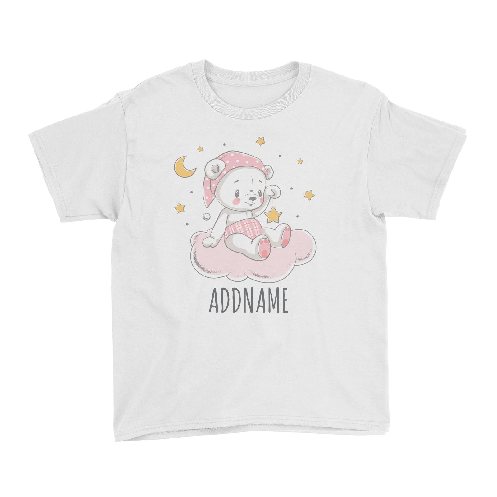 Night Girl Bear Sitting on Cloud White Kid's T-Shirt Personalizable Designs Cute Sweet Animal For Girls Pinky Newborn HG