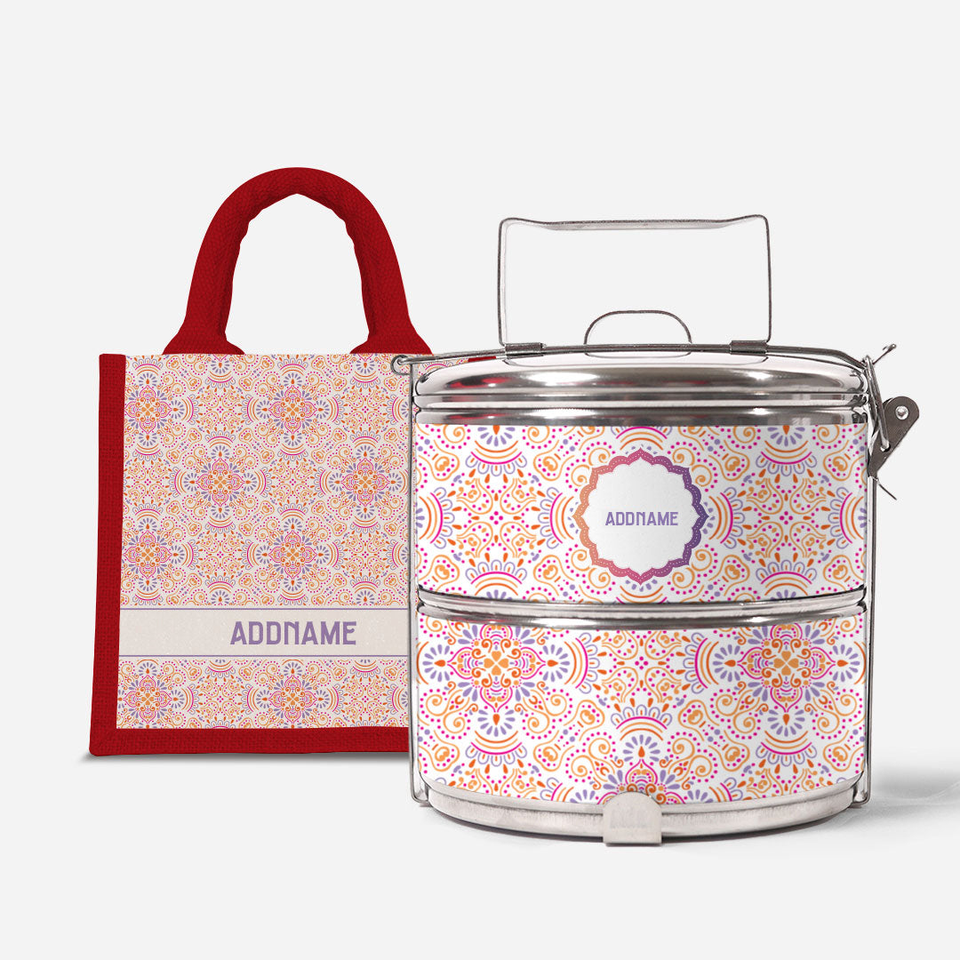 Pookal Series Standard Two Tier Tiffin with Half Lining Lunch Bag - Triumph Red