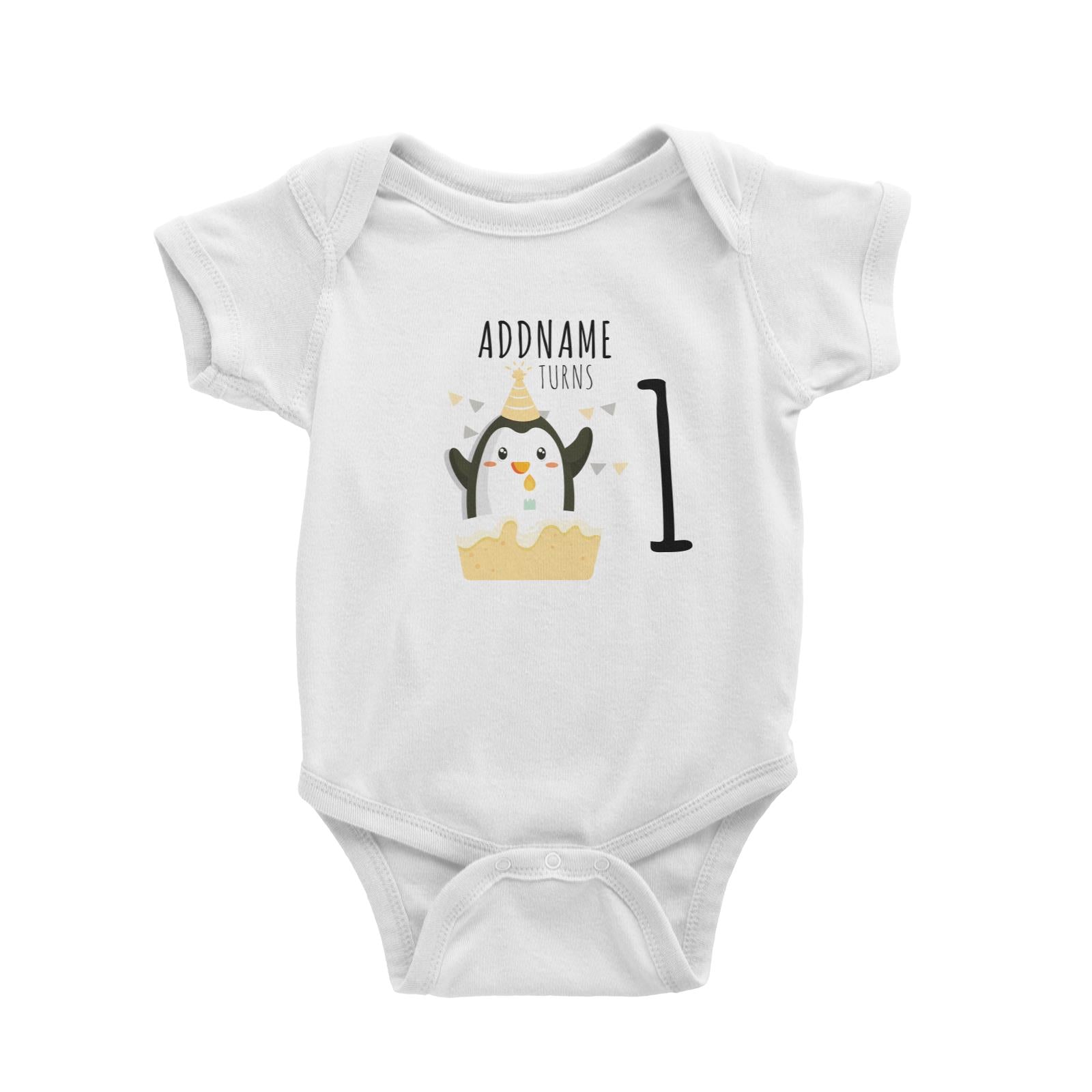 Birthday Cute Penguin And Cake Addname Turns 1 Baby Romper