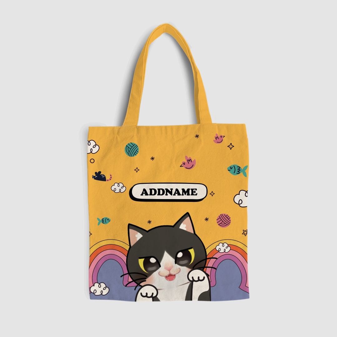 Paw Print Series Full Print Tote Bag - Black and White Cat