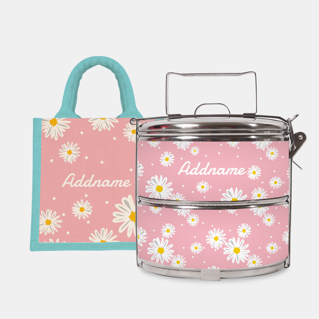 Daisy Series Half Lining Lunch Bag Wtih Standard Two Tier Tiffin Carrier - Blush Light Blue