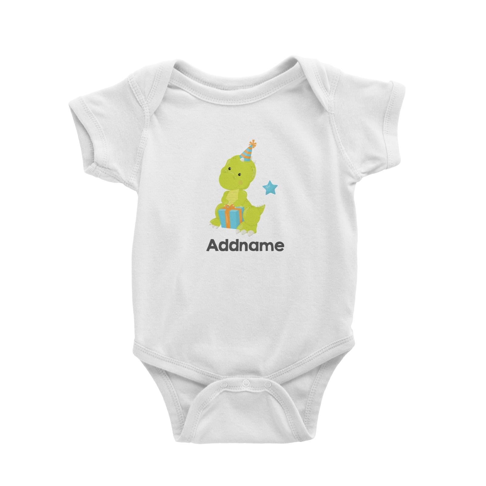Dino Birthday Green Rex With Birthday Gift and Hat Addname White Baby Romper