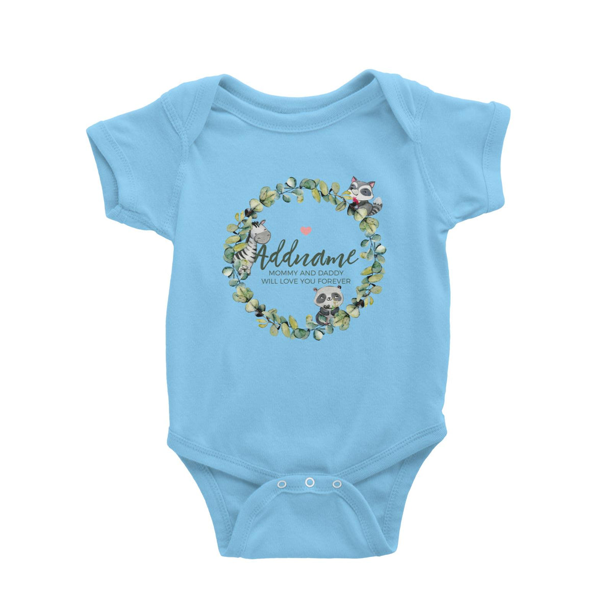 Watercolour Panda Zebra and Racoon Leaf Wreath Personalizable with Name and Text Baby Romper