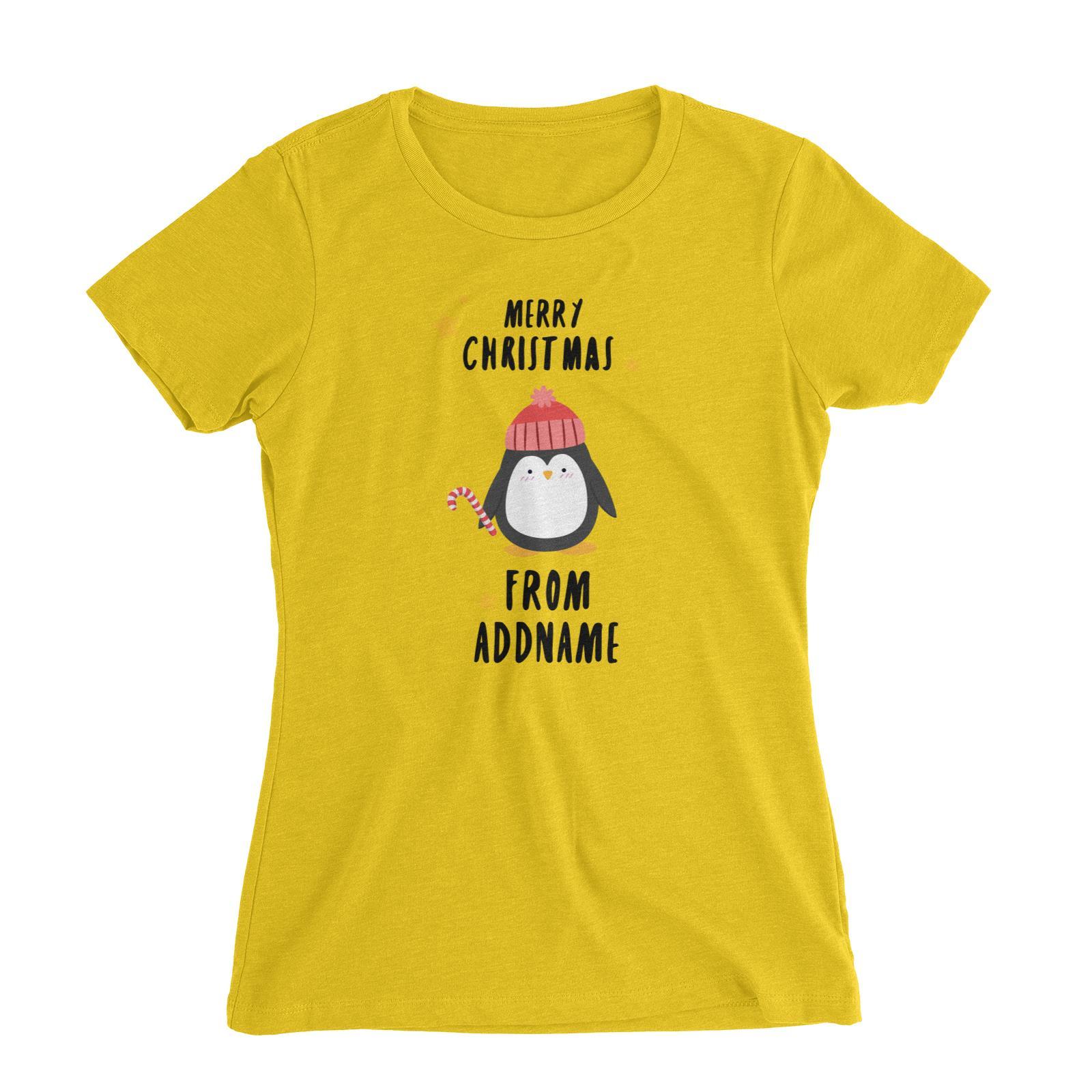 Cute Penguin Merry Christmas Greeting Addname Women's Slim Fit T-Shirt  Animal Personalizable Designs Matching Family