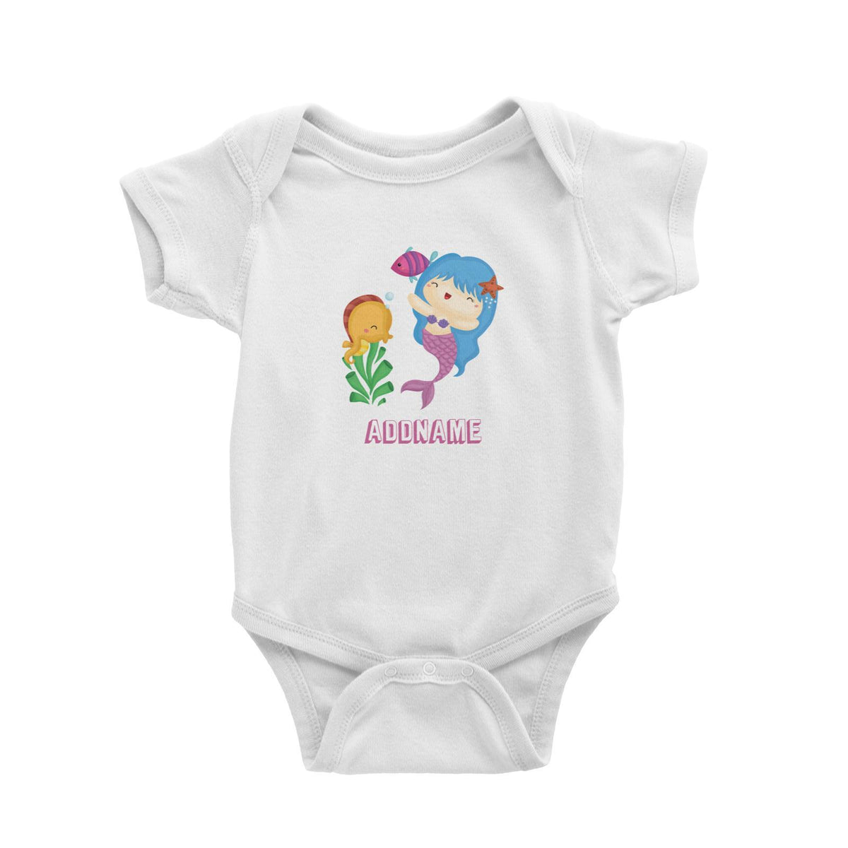 Birthday Mermaid Blue Hair Mermaid Playing With Seahorse Addname Baby Romper