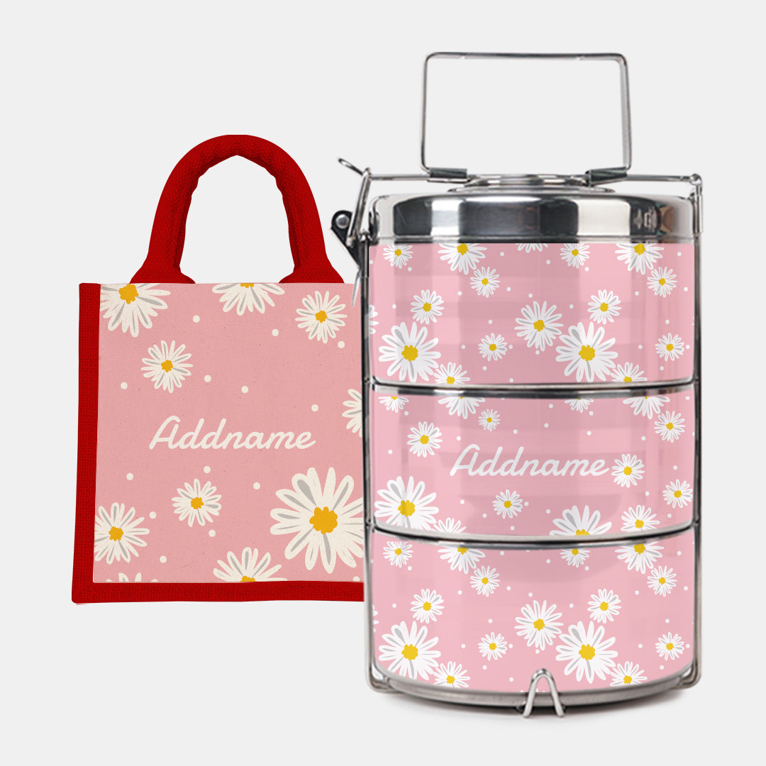 Daisy Series Half Lining Lunch Bag Wtih Premium  Tiffin Carrier - Blush Red