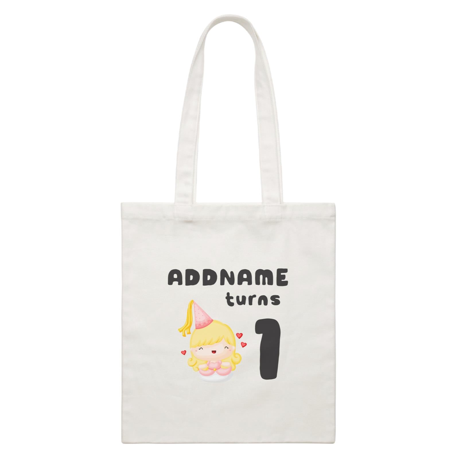 Birthday Royal Princess Girl Addname Turns 1 White Canvas Bag