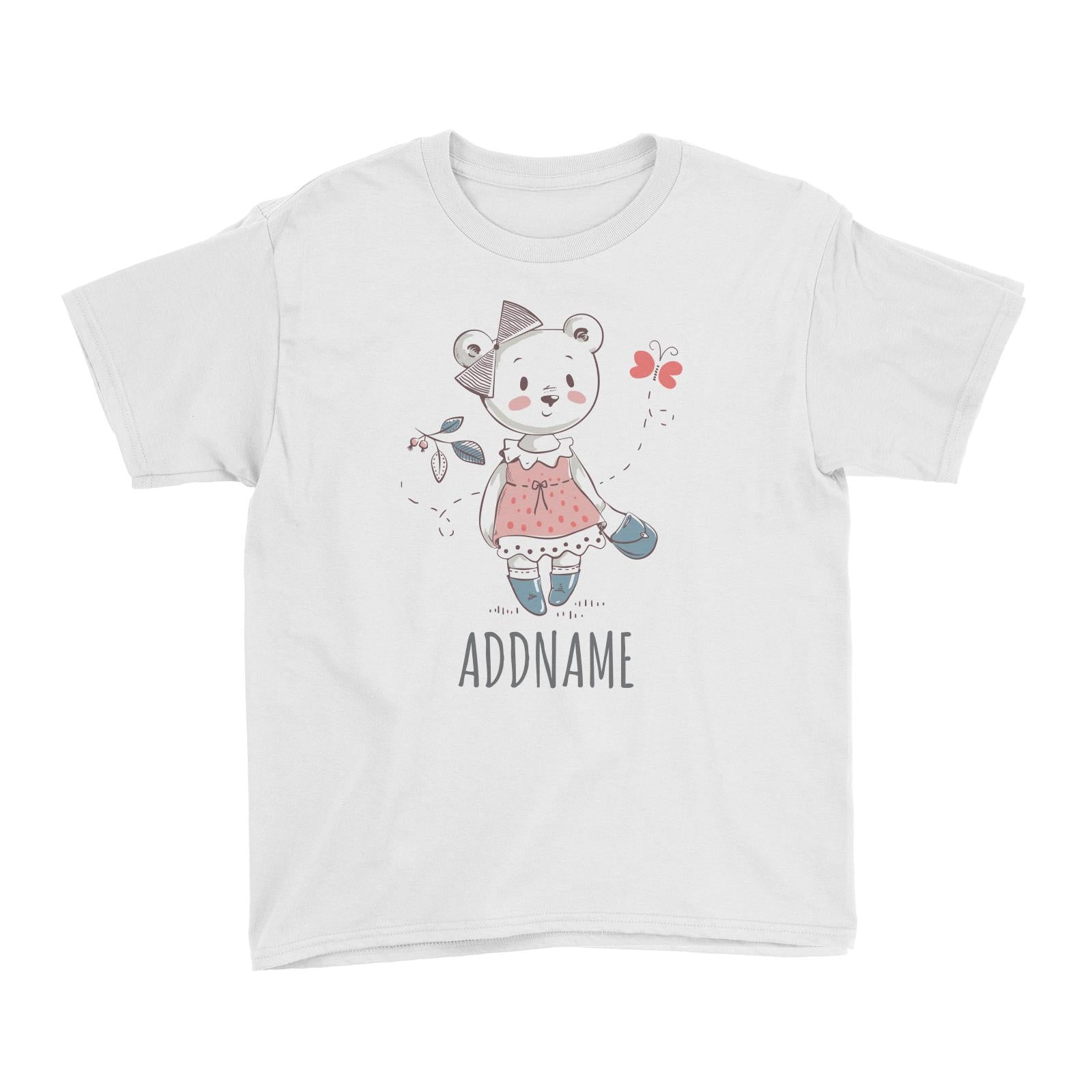 Girl Bear Strolling White Kid's T-Shirt Personalizable Designs Cute Sweet Animal For Girls HG