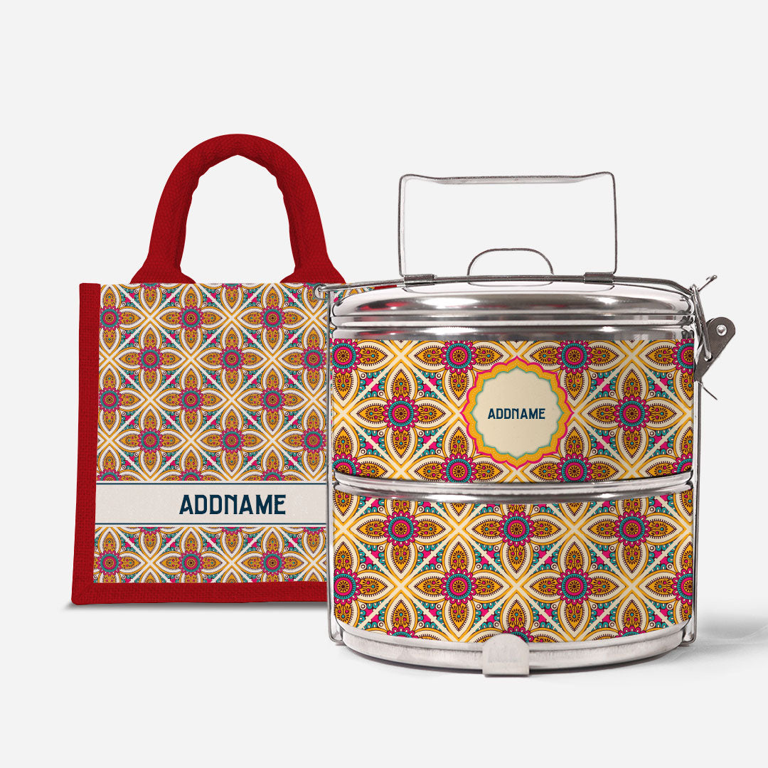 Pookal Series Standard Two Tier Tiffin with Half Lining Lunch Bag - Vibrant Tiles Red