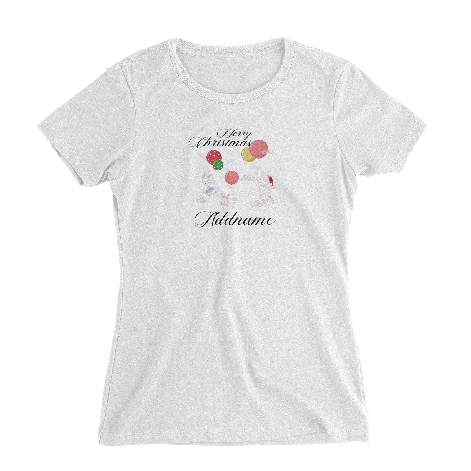 Christmas Cute Rabbits With Balloons Merry Christmas Addname Women Slim Fit T-Shirt