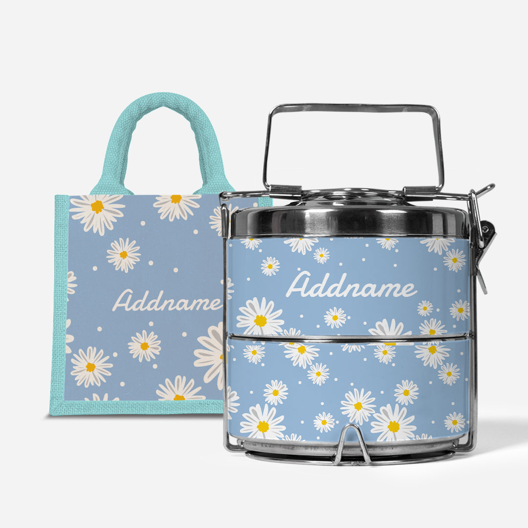 Daisy Series Half Lining Lunch Bag Wtih Premium Two Tier Tiffin Carrier - Frost