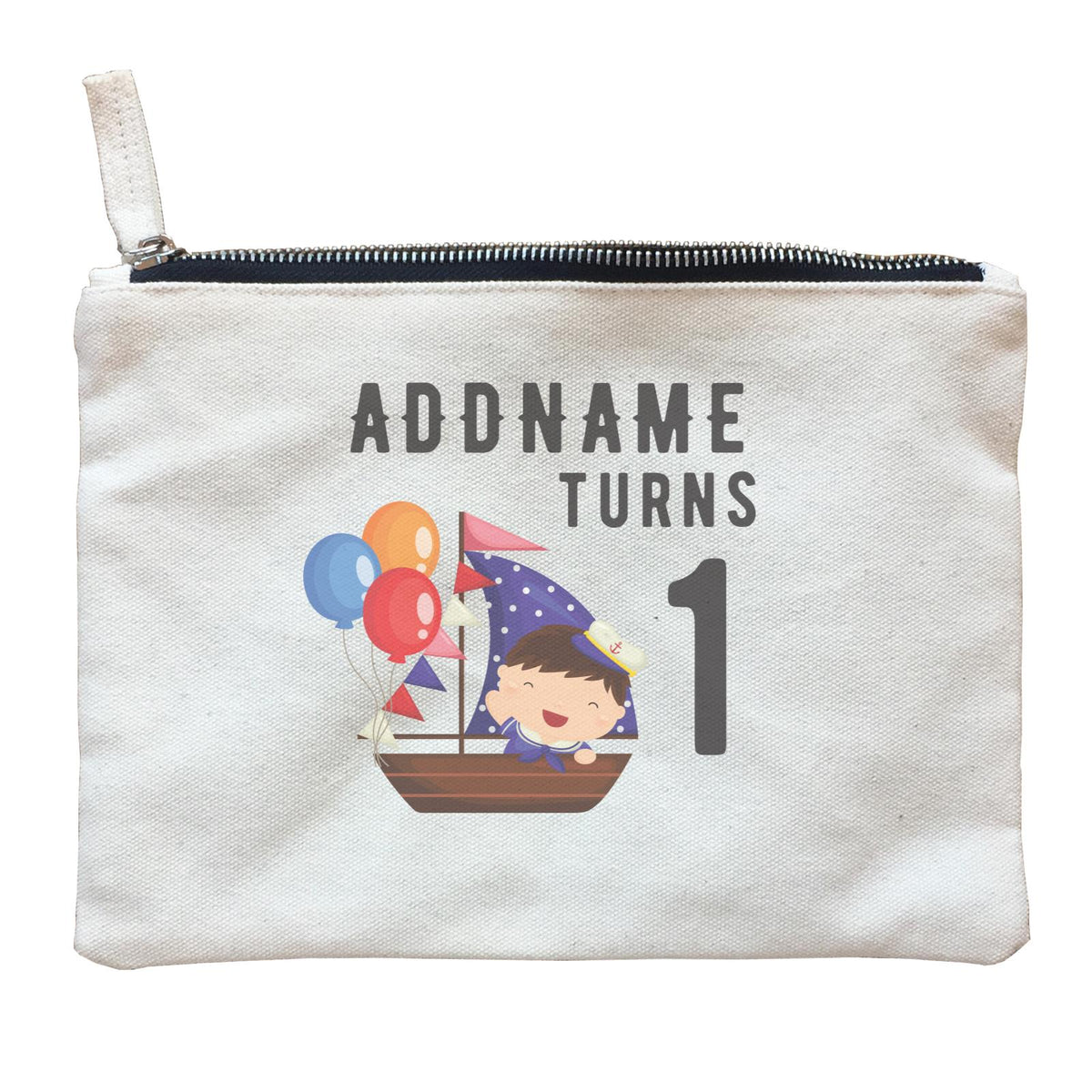 Birthday Sailor Baby Boy In Ship With Balloon Addname Turns 1 Zipper Pouch