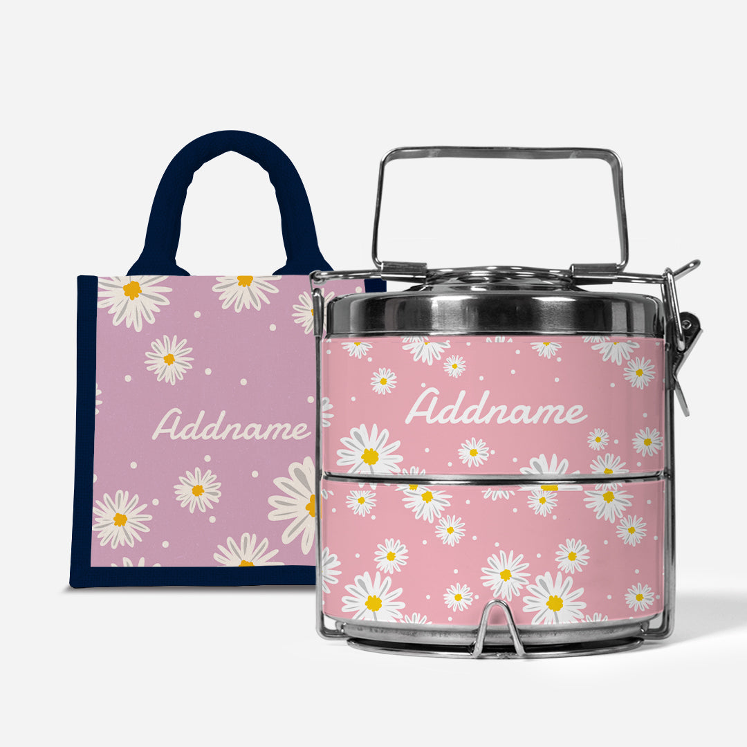 Daisy Series Half Lining Lunch Bag Wtih Premium Two Tier Tiffin Carrier - Blush