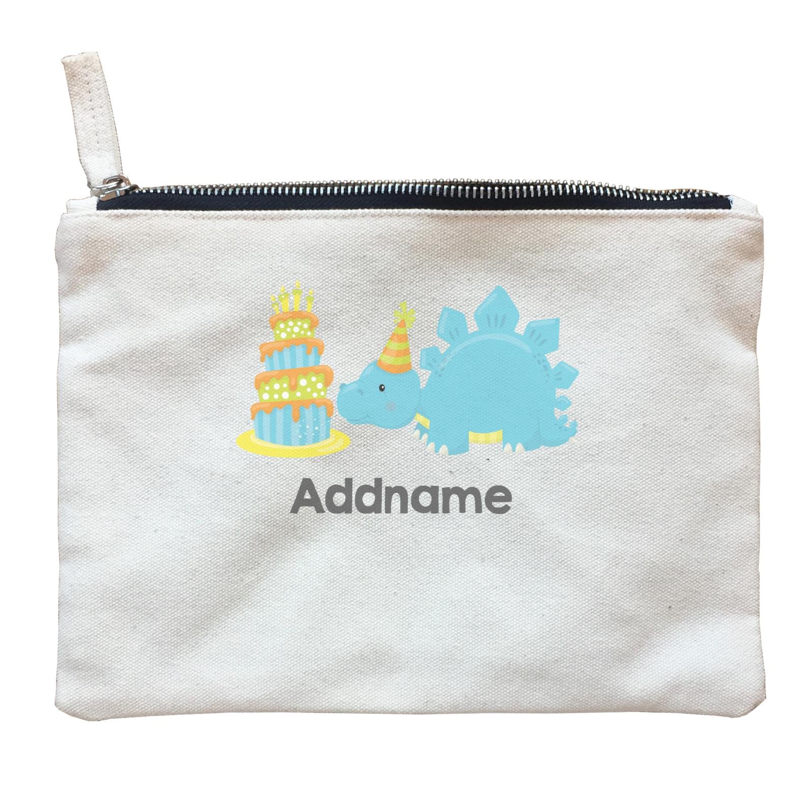 Dino Birthday Blue Stegosaurus With Birthday Cat and Hat Addname Zipper Pouch