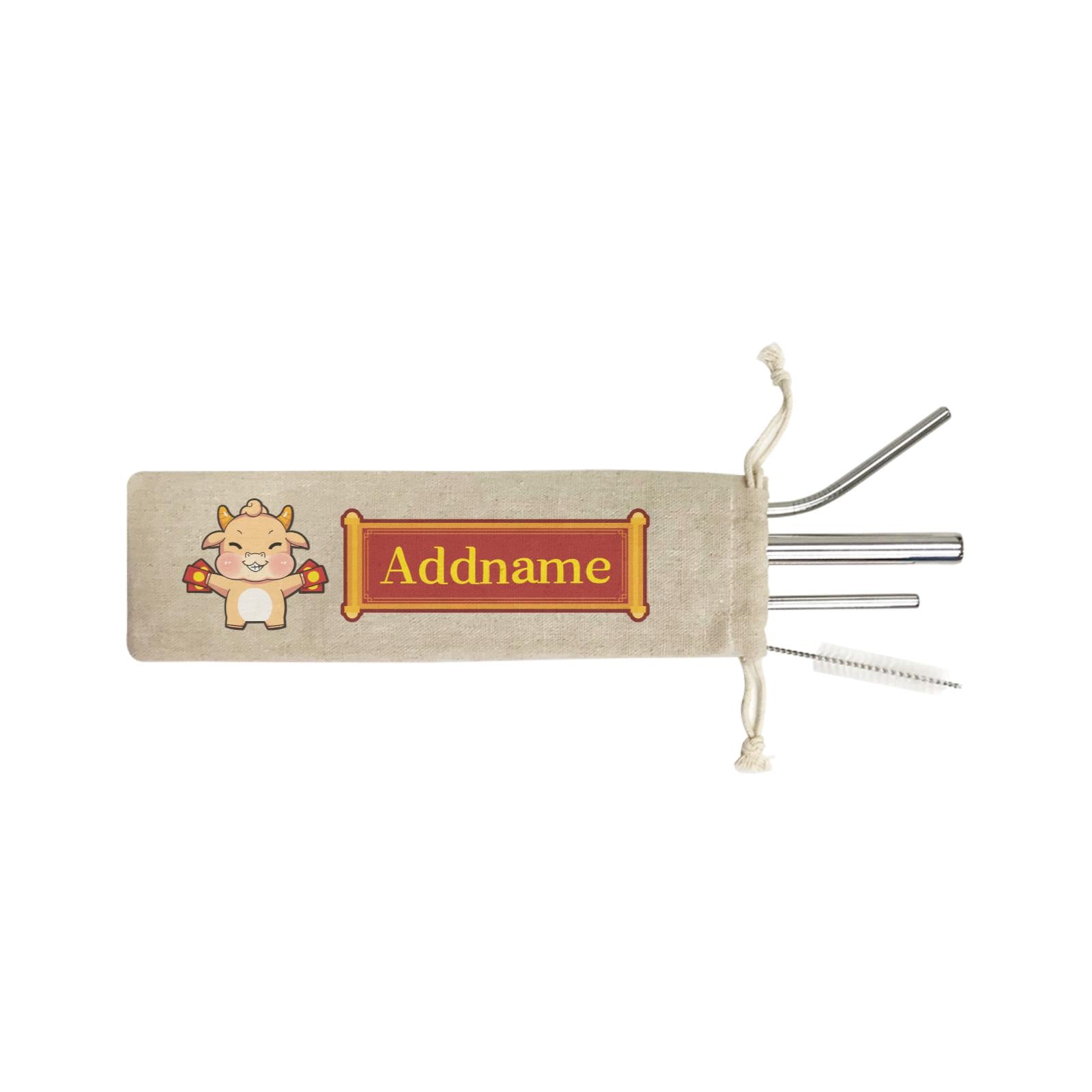 [CNY 2021] Golden Cow with Angpao 4SS 4-in-1 Stainless Steel Straw Set In a Satchel