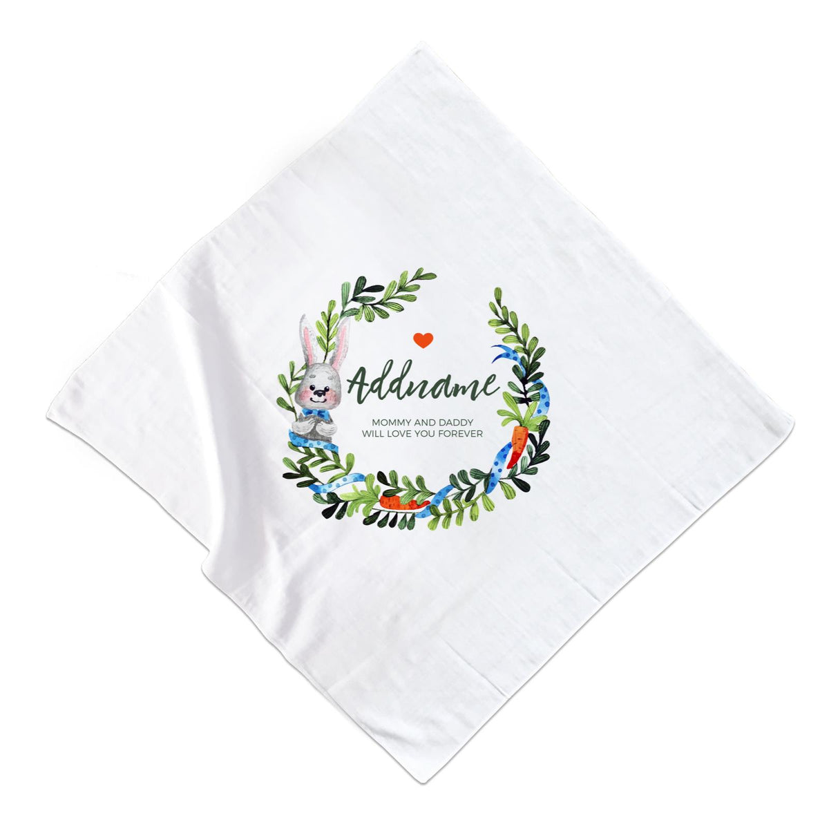 Watercolour Blue Rabbit and Carrots Wreath Personalizable with Name and Text Muslin Square