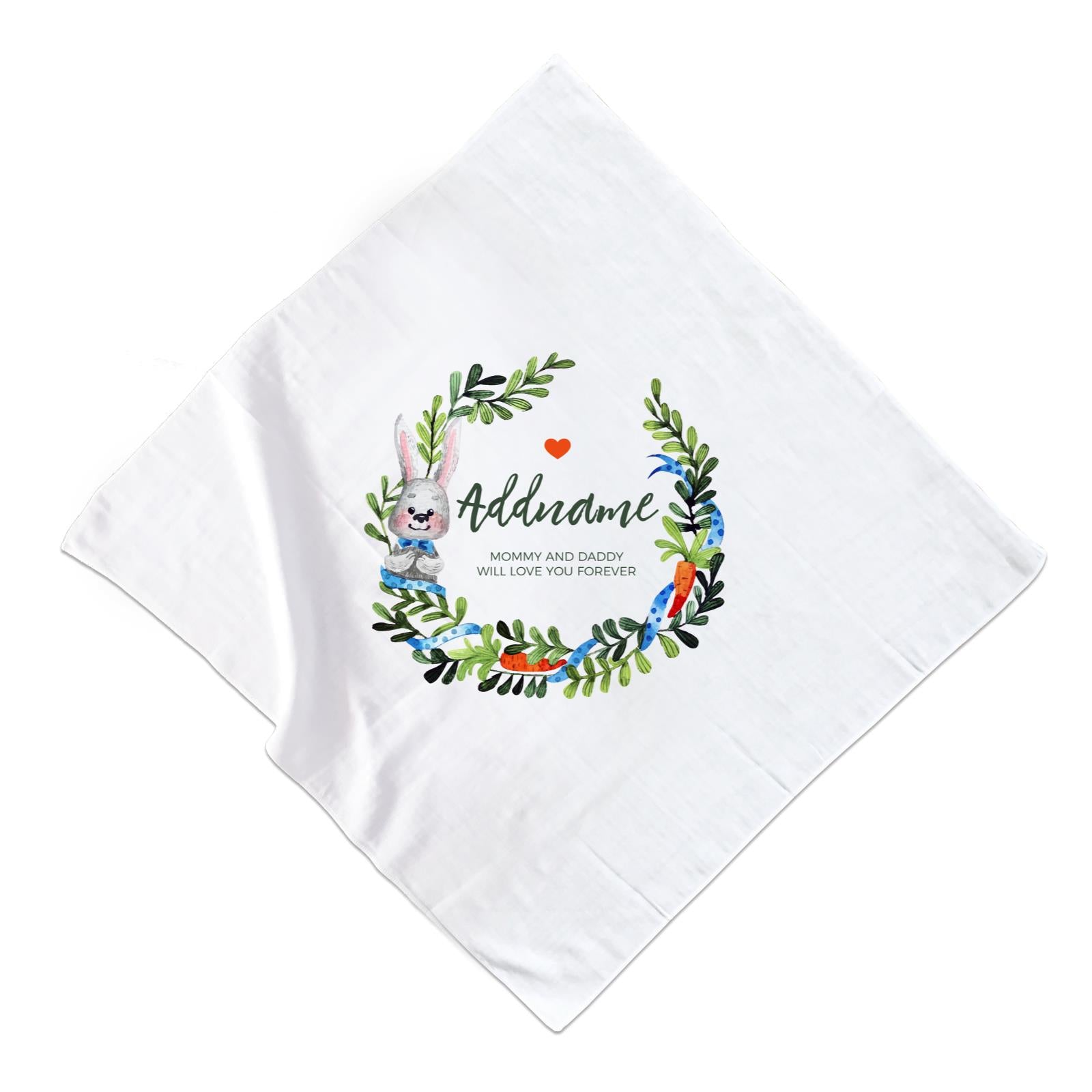 Watercolour Blue Rabbit and Carrots Wreath Personalizable with Name and Text Muslin Square