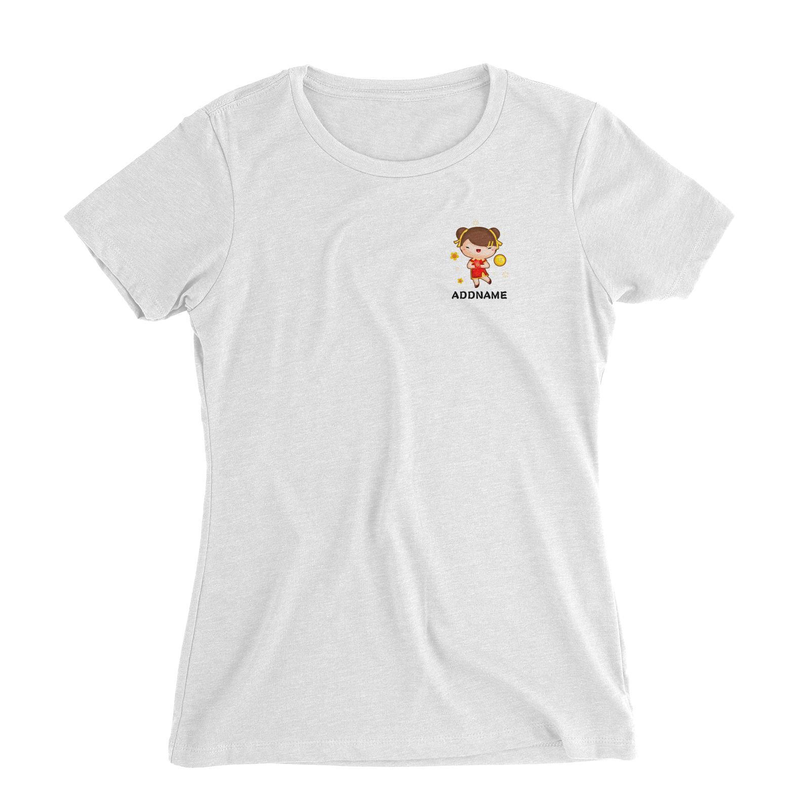 Cute Pig CNY Girl with Red Packet and Happiness Symbol Pocket Design Women Slim Fit T-Shirt