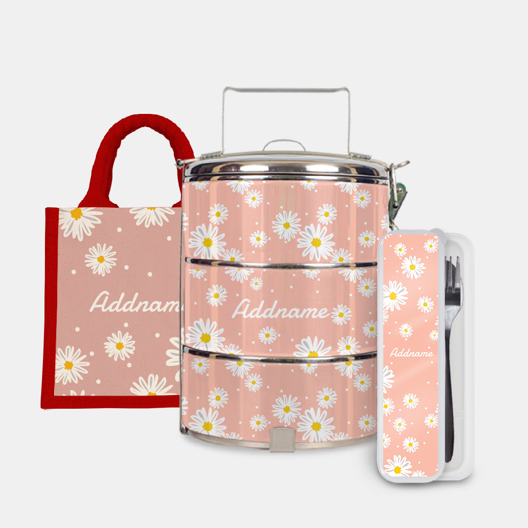 Daisy Series Half Lining Lunch Bag, Standard Tiffin Carrier And Cutlery Set - Coral Red