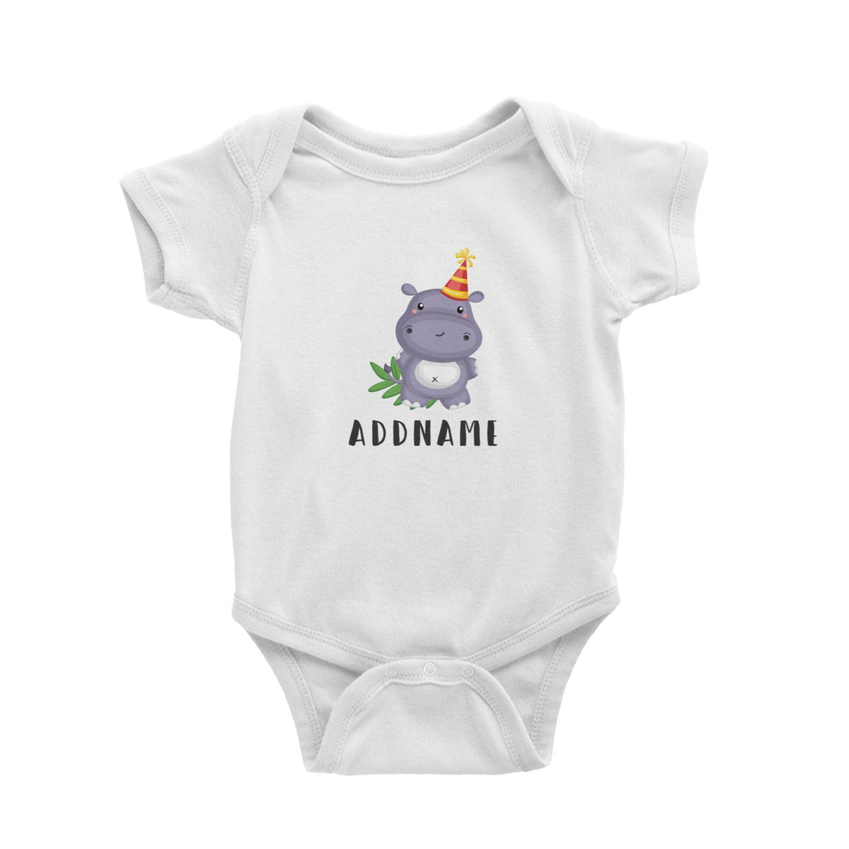 Birthday Safari Hippo Wearing Party Hat Addname Baby Romper
